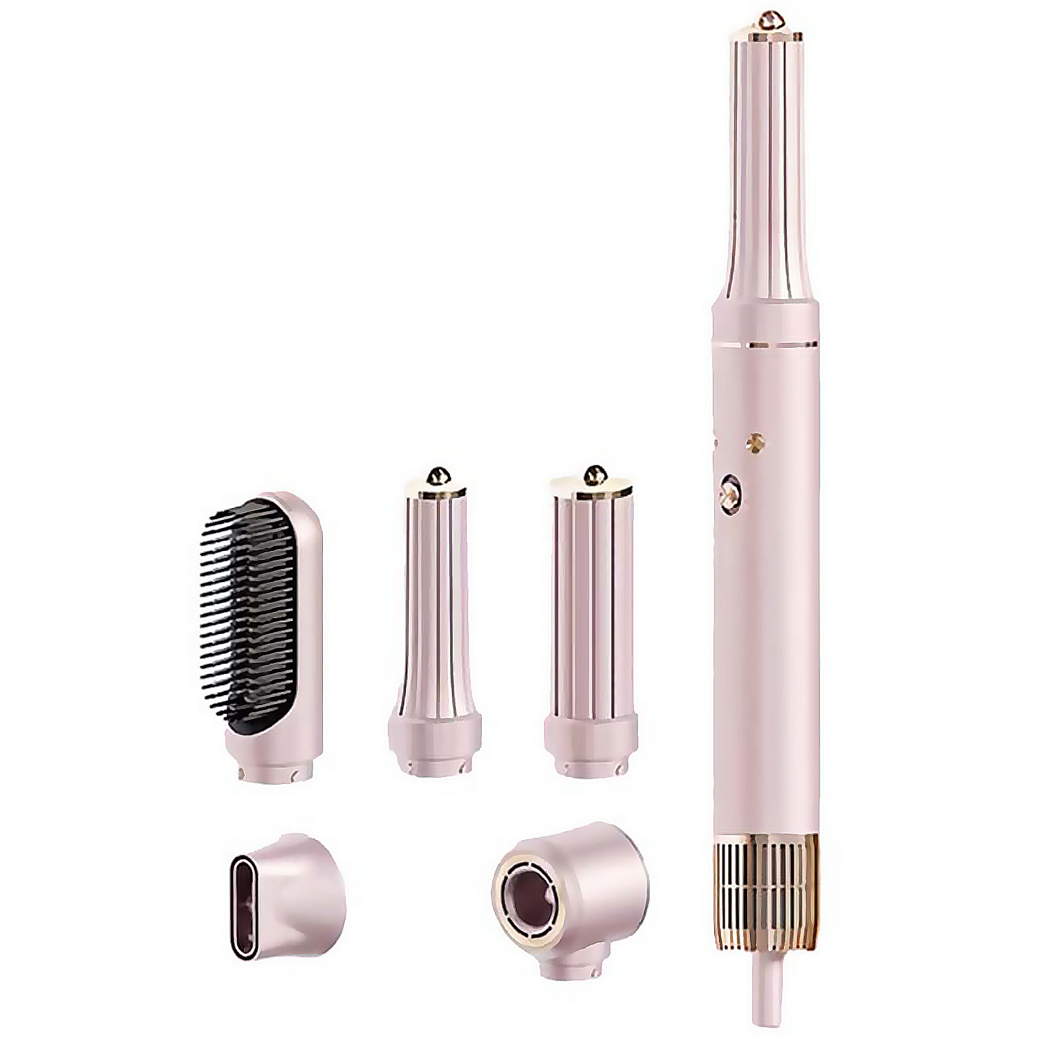 Ein rosa Haarstyling-Werkzeug mit mehreren Aufsätzen: Bürste, Lockenstab und Trocknerköpfe. Alles auf weißem Hintergrund.