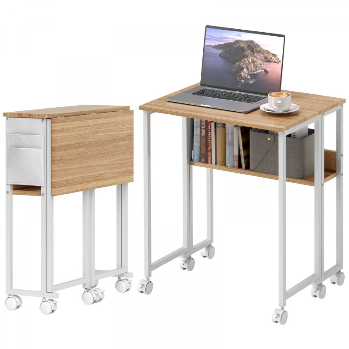 Zwei mobile Schreibtische mit weißen Rahmen und Holzplatten. Einer hat einen Laptop und Kaffee, der andere Stauraum. Beide haben Räder.
