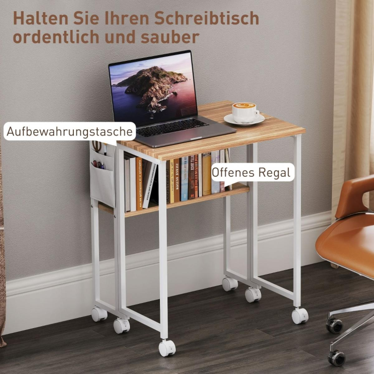 Ein kleiner Schreibtisch mit Laptop, Kaffee und Büchern. Er hat eine Aufbewahrungstasche und ein offenes Regal. Der Schreibtisch steht auf Rollen.
