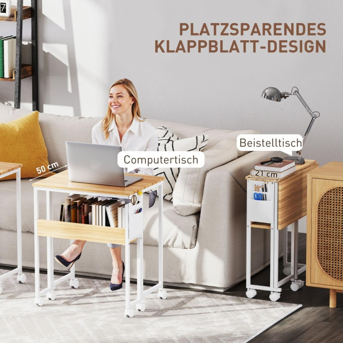 Frau benutzt Laptop an einem mobilen Schreibtisch. Daneben ein kleiner Beistelltisch mit Lampe. Beide Tische haben Räder.