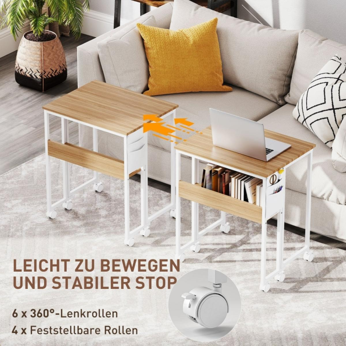 Zwei mobile Schreibtische mit Laptops, Büchern und einem Sofa im Hintergrund. Text sagt: 'Leicht zu bewegen und stabiler Stopp'.