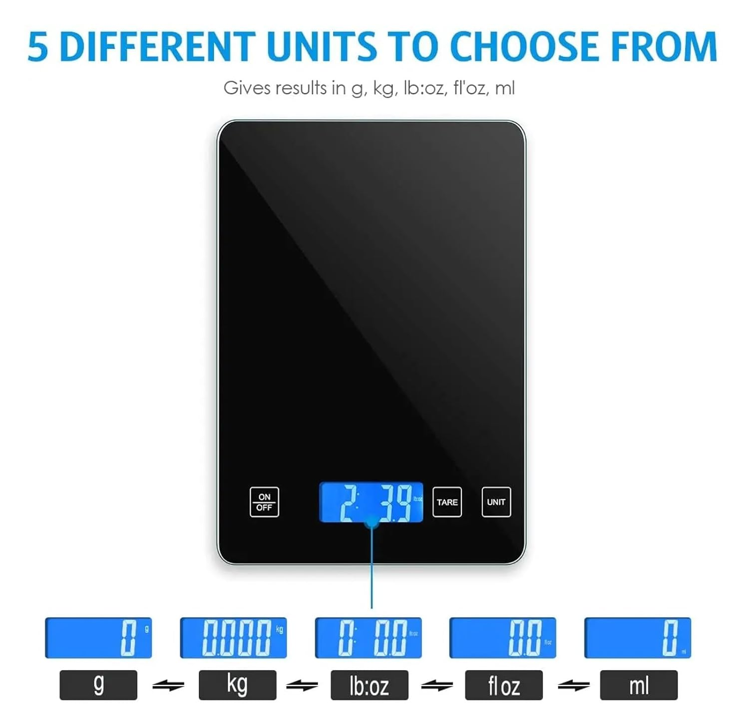 Eine digitale Küchenwaage zeigt 2,39 an, mit Optionen für g, kg, lb:oz, fl oz und ml. Schwarze Waage mit blauen Anzeigen und weißem Text.