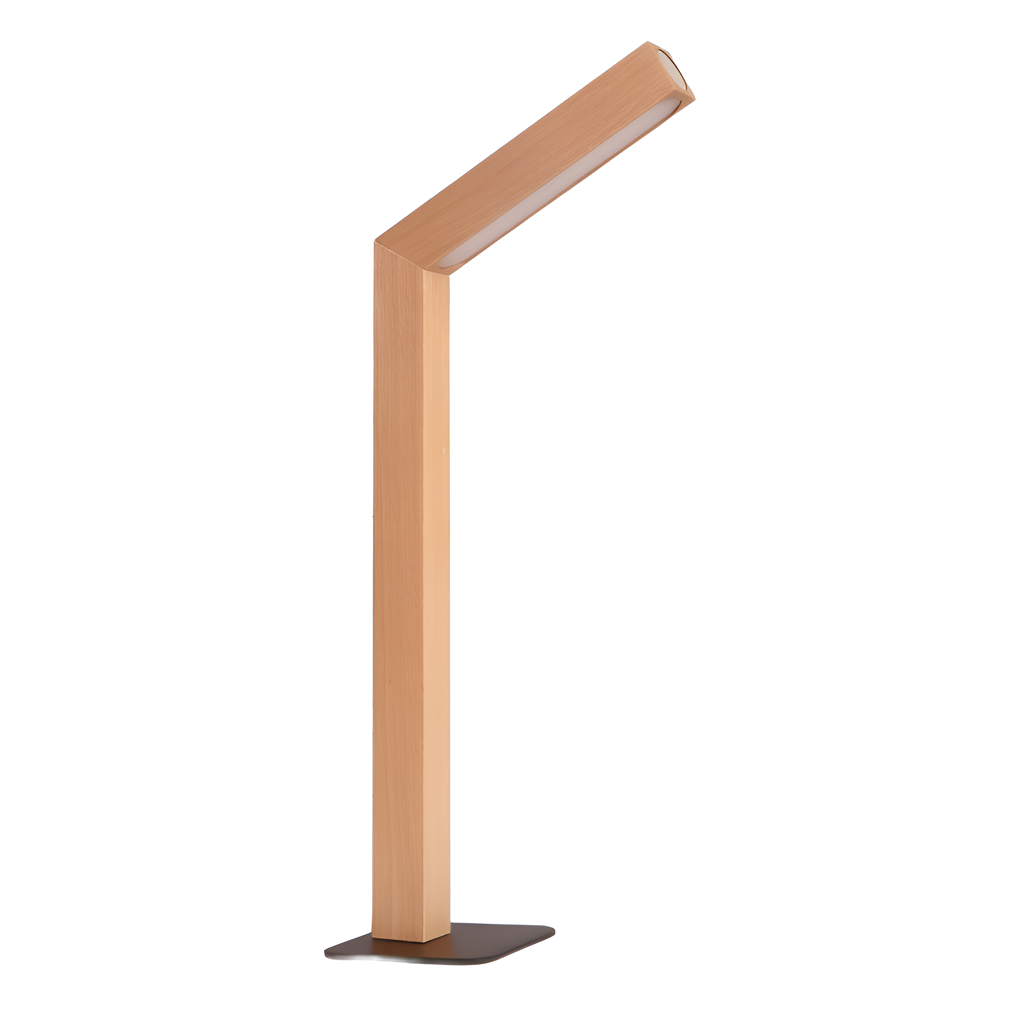 Eine Holzlampe mit rechteckigem Sockel. Die Lampe hat einen vertikalen Pfosten und eine schräge Leuchte. Weißer Hintergrund.