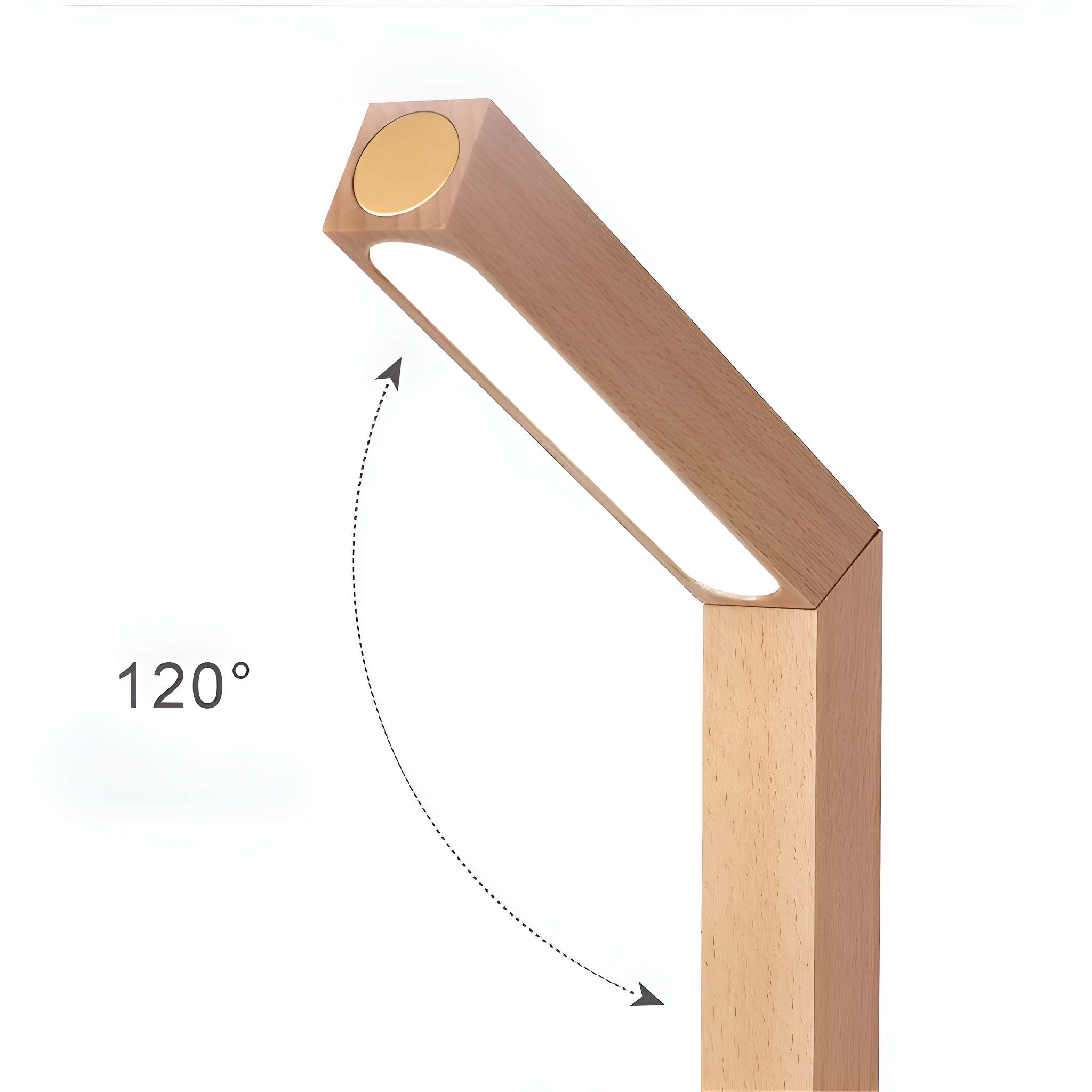Holz-Schreibtischlampe mit 120-Grad-Winkelanzeige. Die Lampe hat einen goldenen Deckel und weißes Licht.