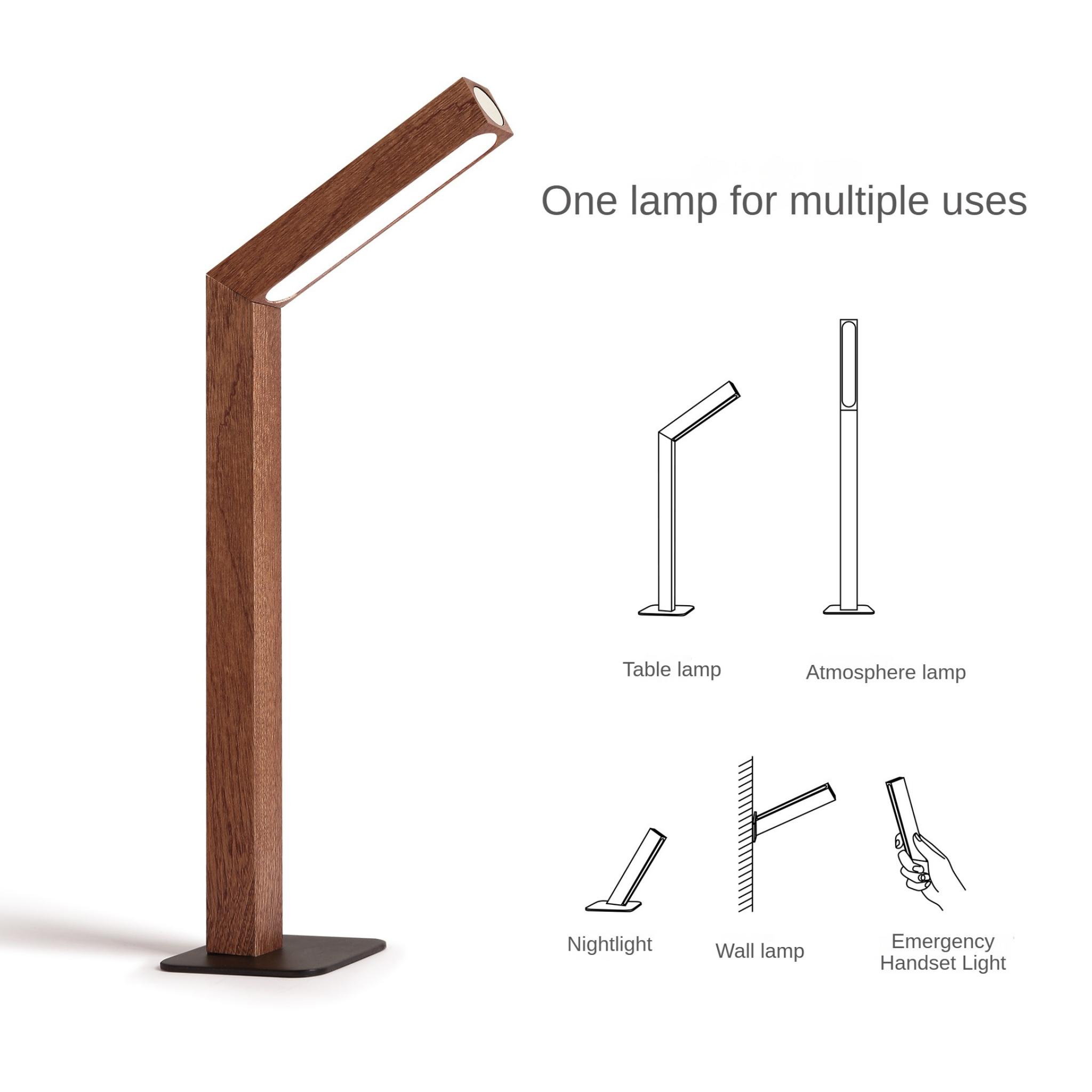Eine moderne Holzlampe mit Diagrammen, die ihre vielfältigen Einsatzmöglichkeiten als Tisch-, Atmosphäre-, Wand- und Notlicht zeigen.