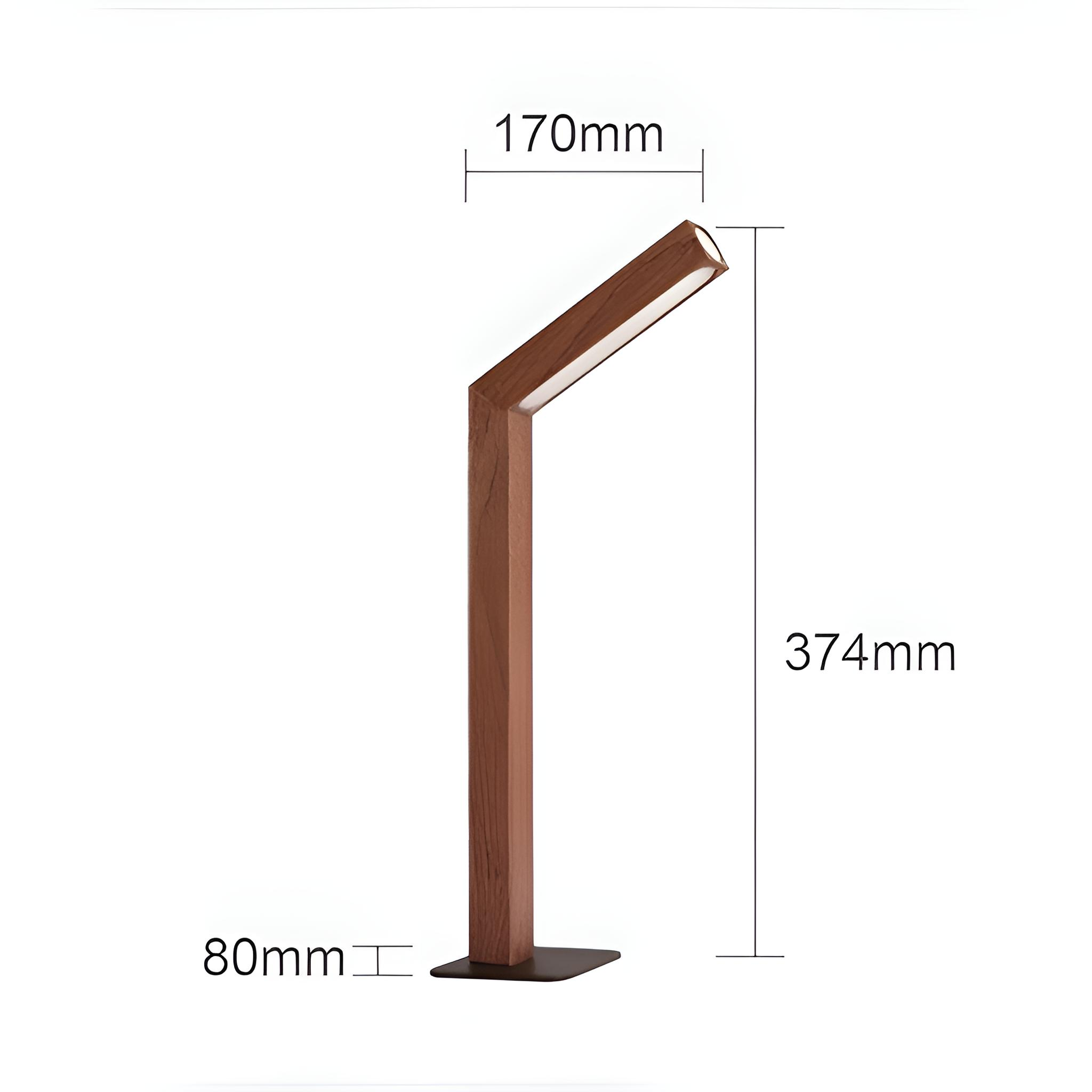 Eine Holzlampe mit Maßen. Die Lampe ist braun, mit einem abgewinkelten Kopf. Abmessungen: 374 mm hoch, 170 mm breit, 80 mm Basis.