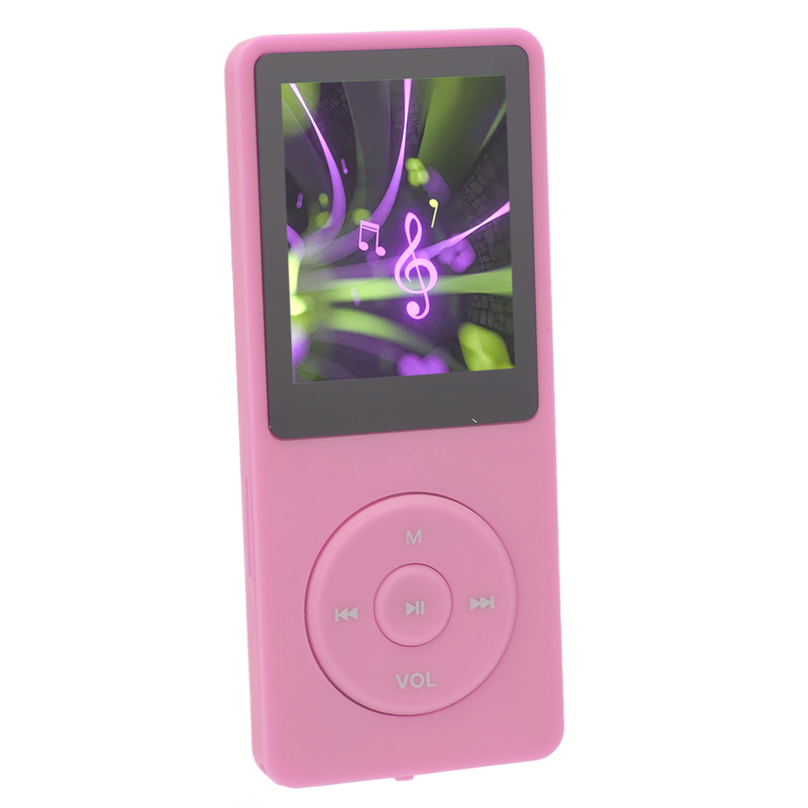 Rosa MP3-Player mit Bildschirm, der Noten anzeigt. Tasten zur Steuerung und Lautstärke sind sichtbar.