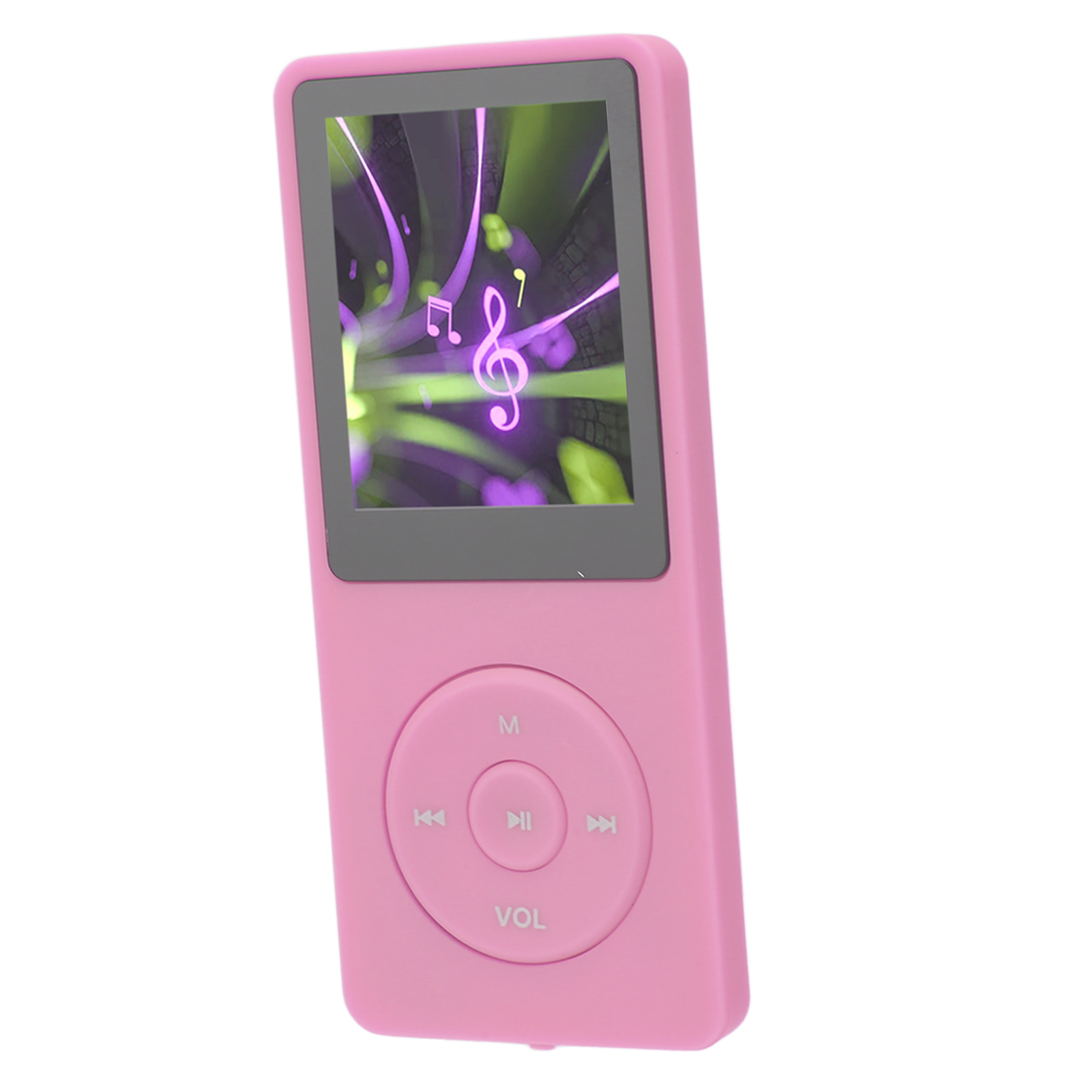 Rosa MP3-Player mit Bildschirm, der Noten zeigt. Er hat Steuertasten und eine Lautstärkeregelung.