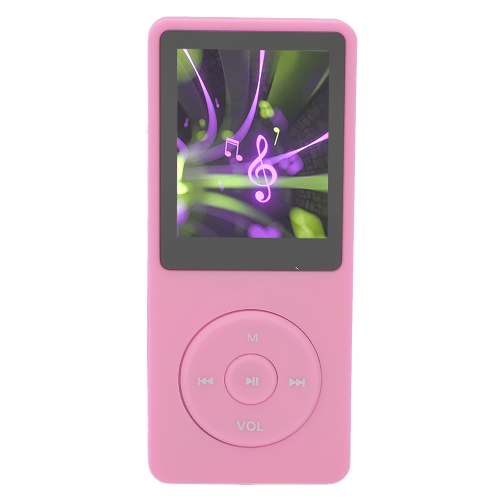 Rosa MP3-Player mit Bildschirm, der Noten zeigt. Hat Steuertasten für Lautstärke und Wiedergabe.
