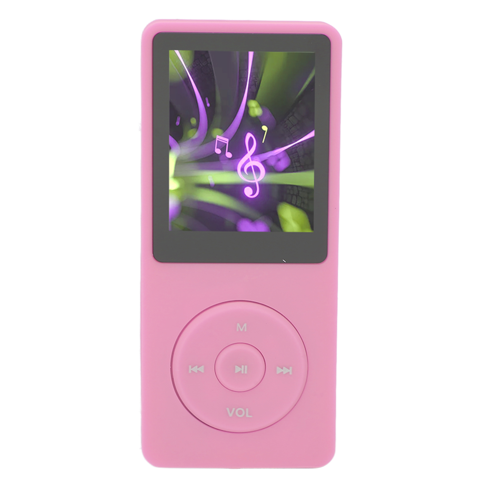 Rosa MP3-Player mit Bildschirm, der Noten zeigt. Er hat Steuertasten und eine Lautstärkeanzeige.