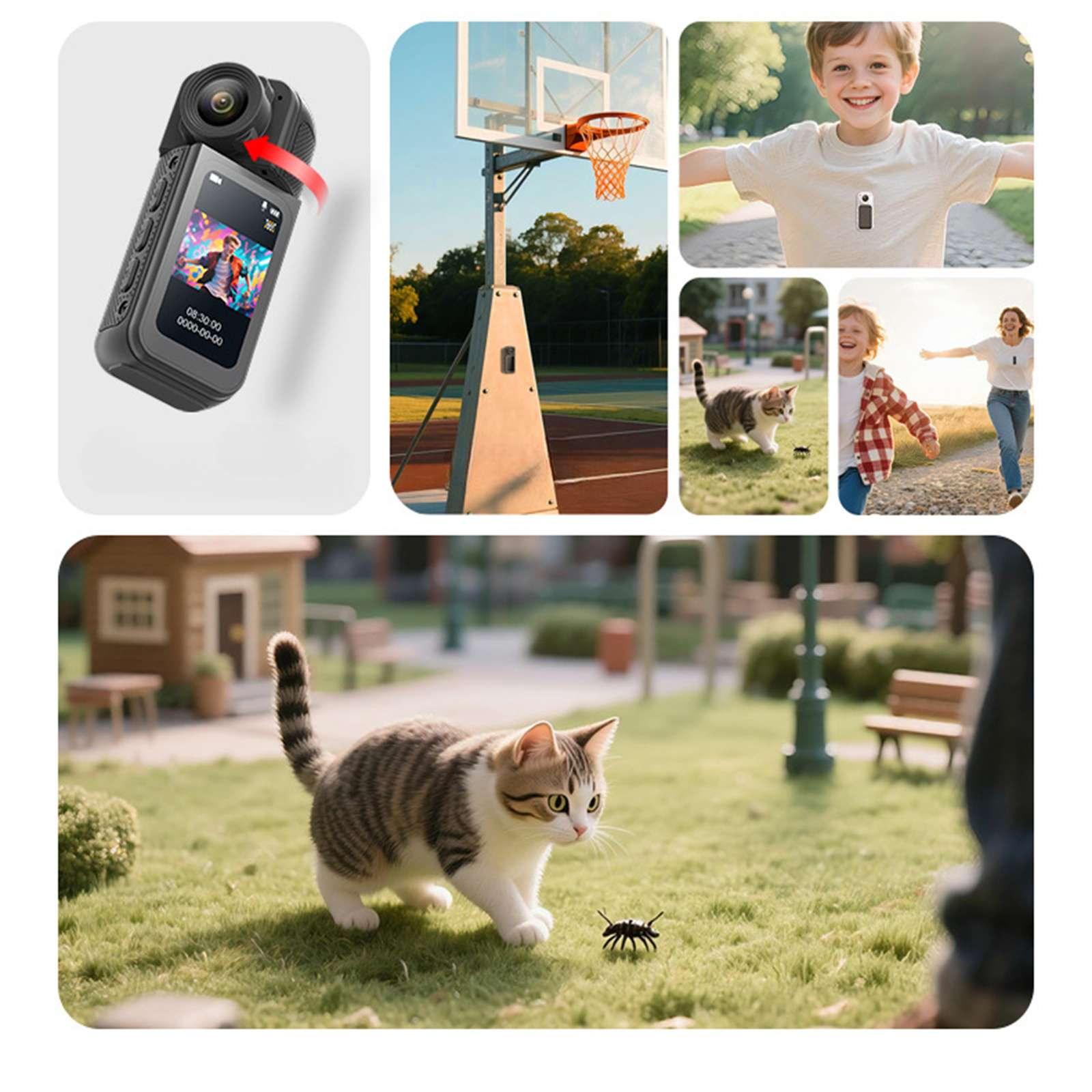 Eine Kamera mit Bildschirm, der ein Bild zeigt. Weitere Bilder zeigen einen Basketballkorb, Kinder und eine Katze.