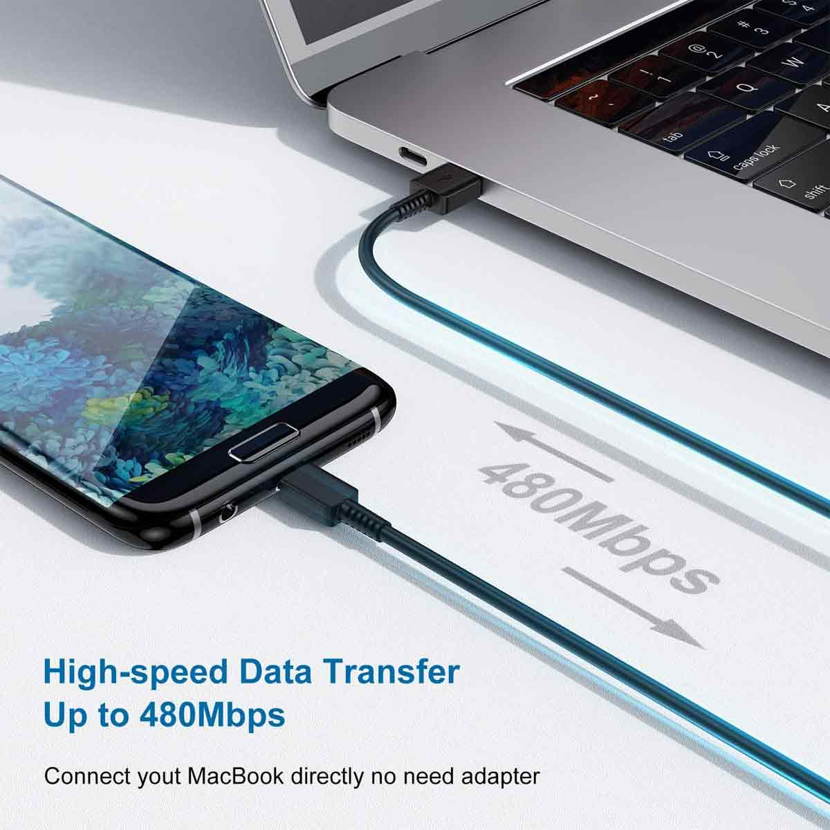 Ein schwarzes Telefon und ein Laptop sind durch ein Kabel verbunden. Das Bild zeigt den Text "480Mbps" mit einer Hochgeschwindigkeits-Datenübertragung.