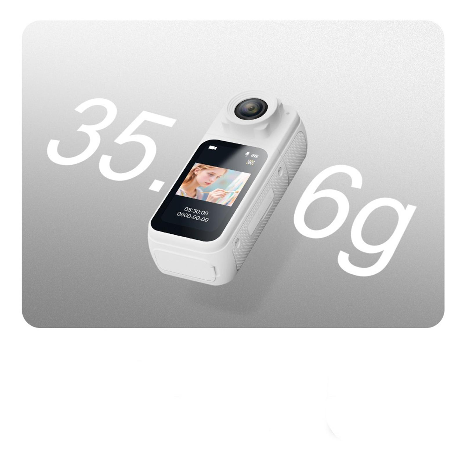 Weiße Action-Kamera mit Bildschirm, der eine malende Person zeigt. Das Bild hat die Zahlen 35. und 6g in Weiß.