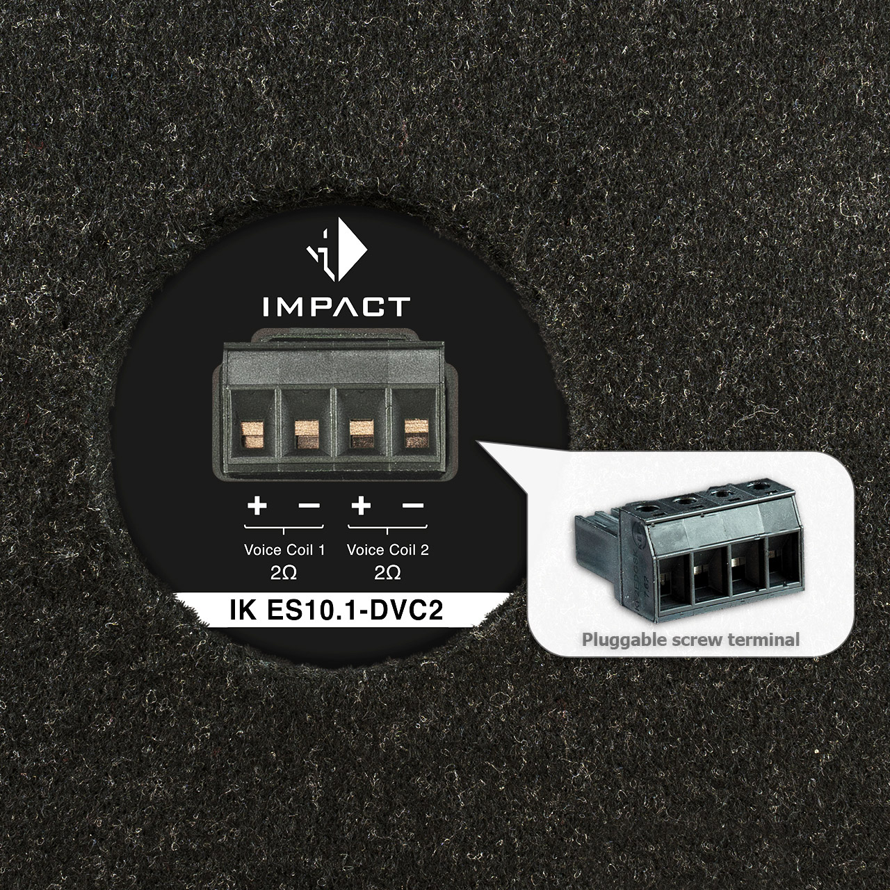 Schwarze Lautsprecherkomponente mit Klemmenblock, Plus- und Minuszeichen, Impact-Logo und Text: IK ES10.1-DVC2, mit steckbarer Schraubklemme.