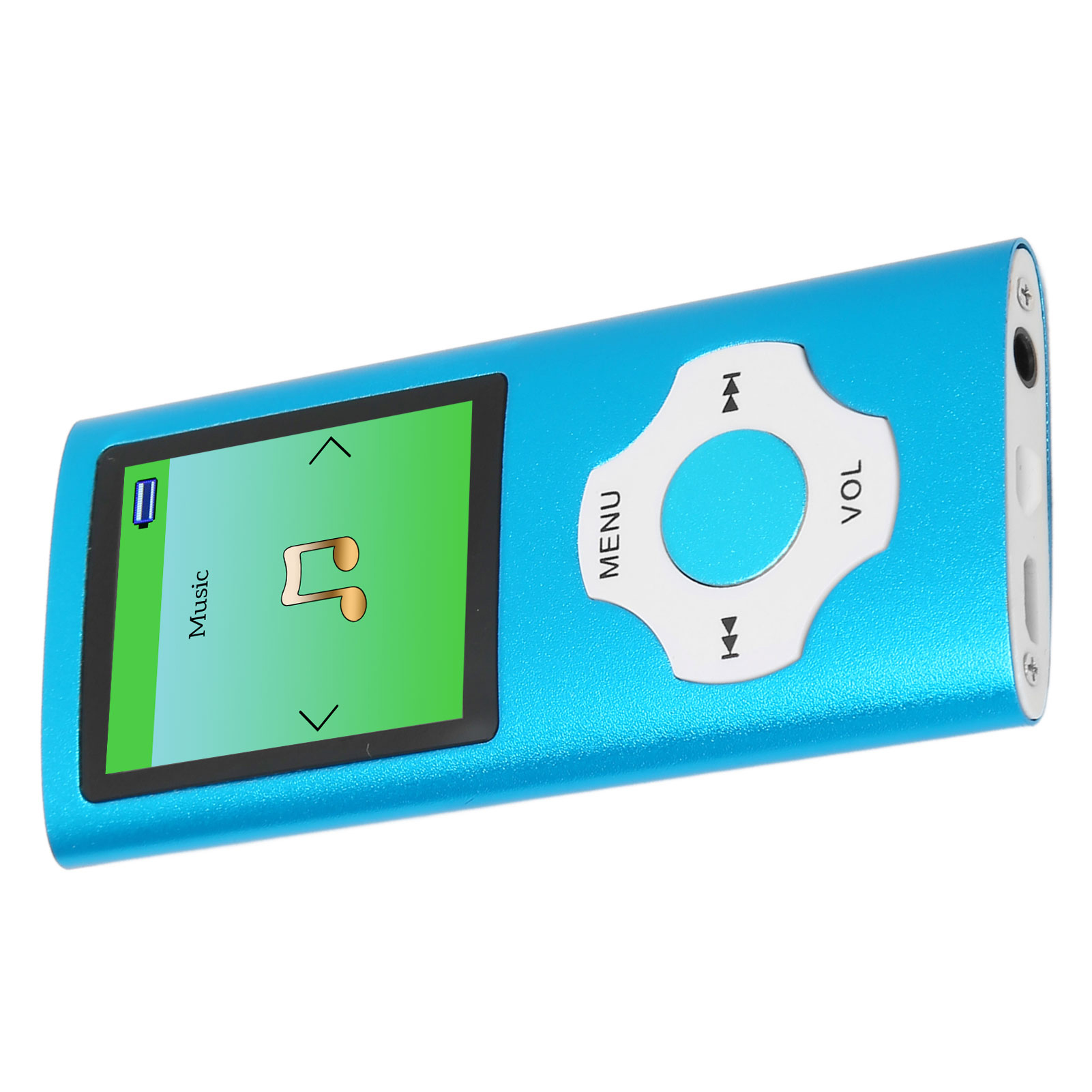 Ein blaues MP3-Player mit Bildschirm, der Musiksteuerung anzeigt. Weiße Tasten für Menü, Lautstärke und Wiedergabe.