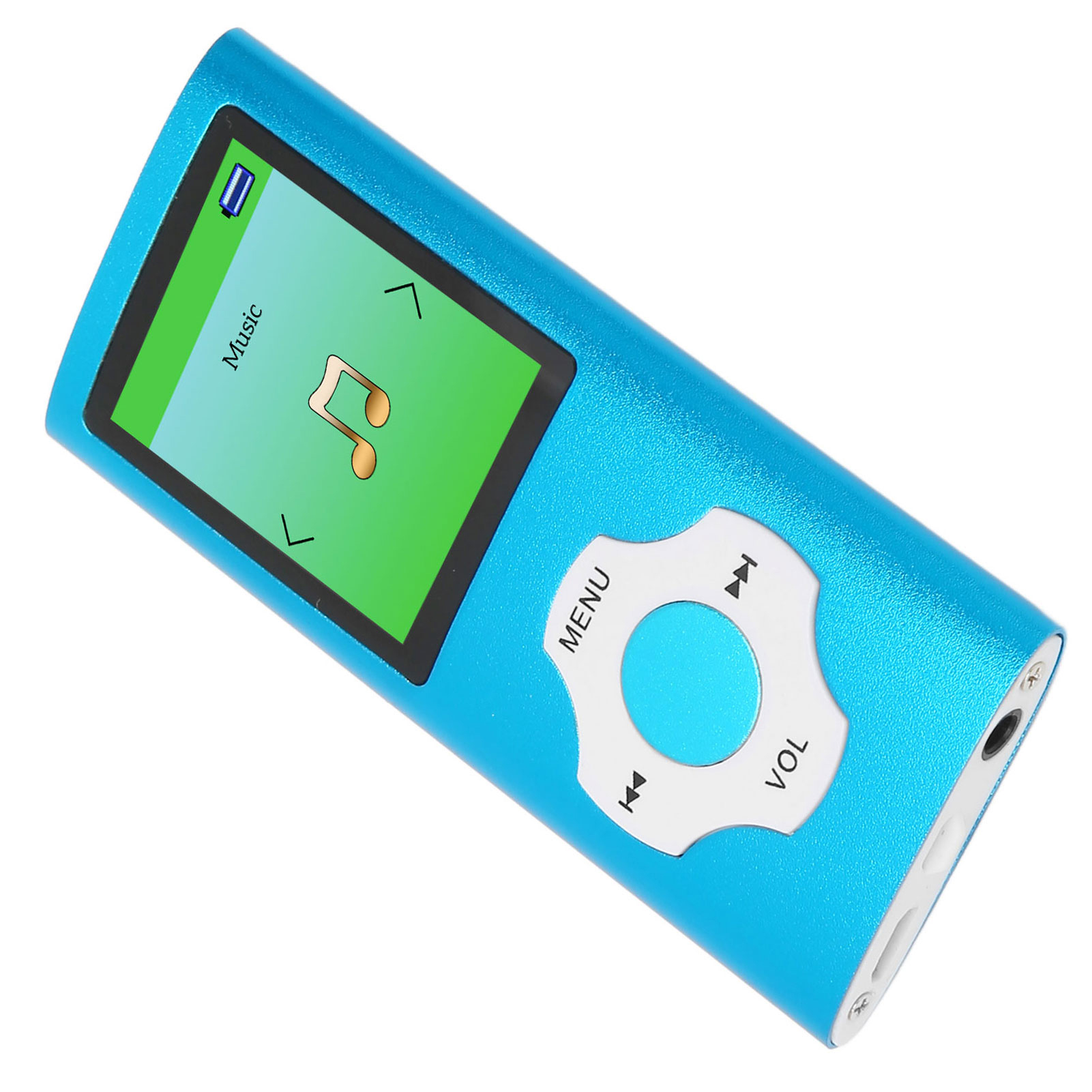 Ein blaues MP3-Player mit einem Bildschirm, der Musiksteuerung zeigt. Zu den Tasten gehören Menü, Lautstärke und Wiedergabe.