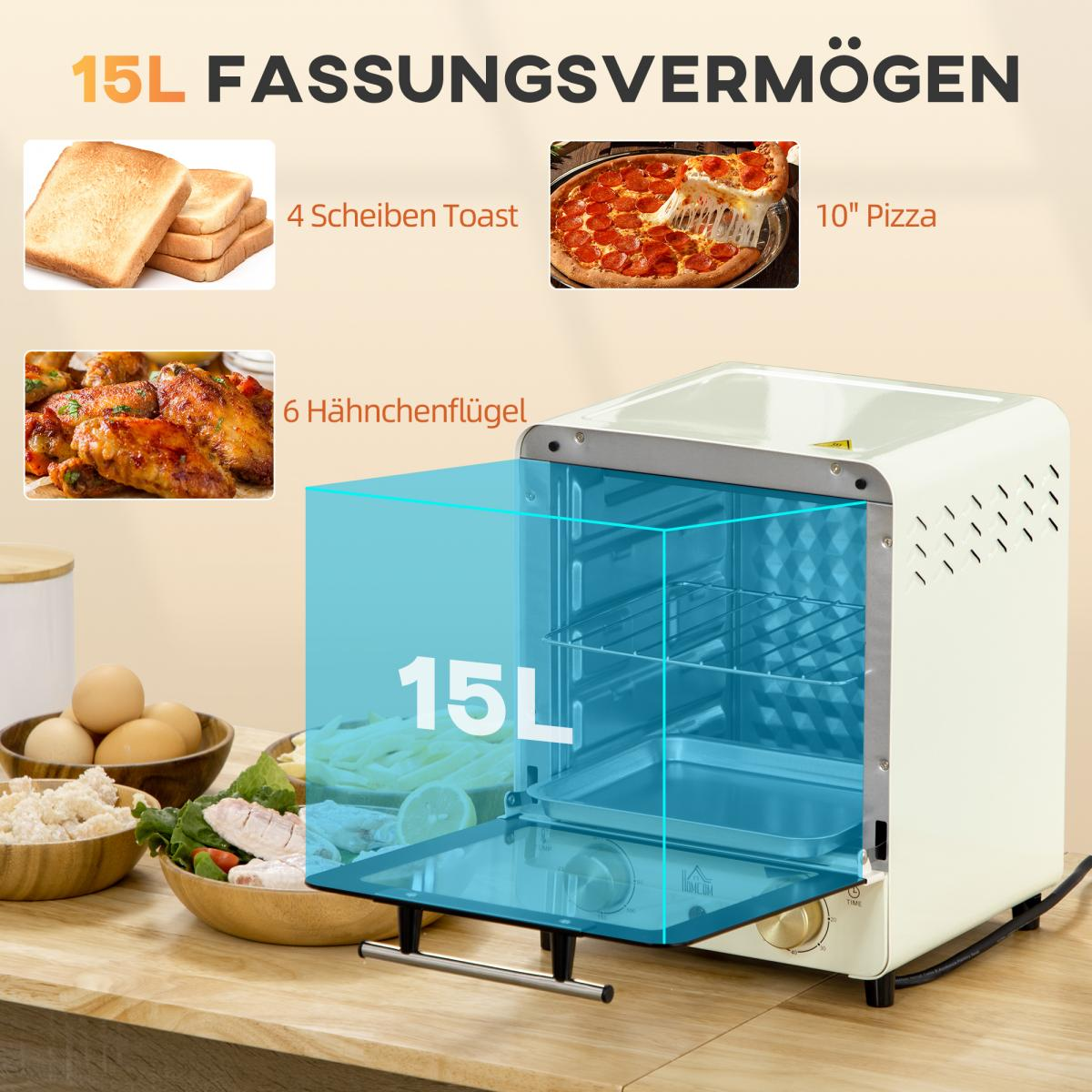 Ein Ofen mit Bildern von Toast, Pizza und Hühnerflügeln. Die Kapazität des Ofens beträgt 15L, wie in der Grafik angegeben.