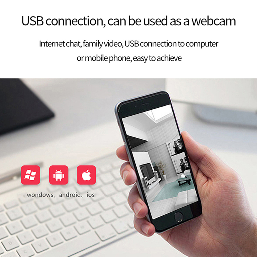 Eine Hand hält ein Telefon, das einen Raum anzeigt. Icons für Windows, Android und iOS befinden sich darunter. Der Text lautet: 'USB-Verbindung, kann als Webcam verwendet werden'.