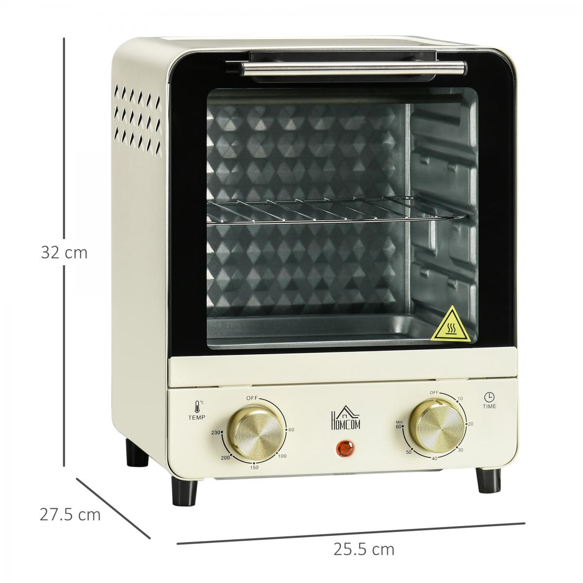 Ein cremefarbener Homcom-Mini-Backofen mit Glastür und Drehknöpfen für Temperatur und Zeit. Es hat beschriftete Abmessungen.