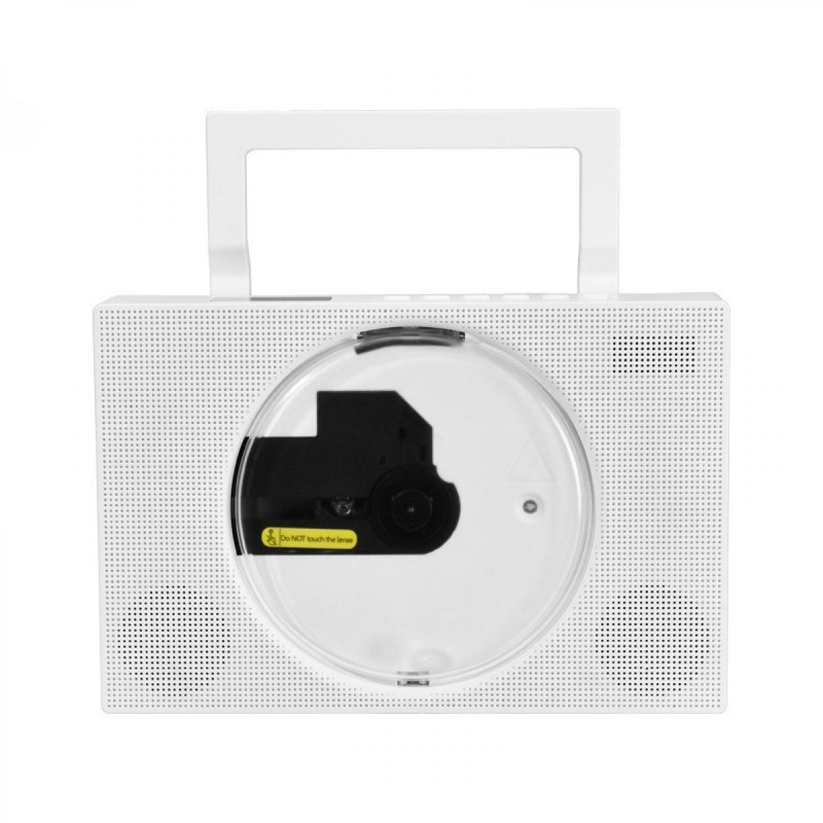 Ein weißer tragbarer CD-Player mit Griff. Merkmale sind ein klares CD-Fach und Lautsprecherlöcher an den Seiten.