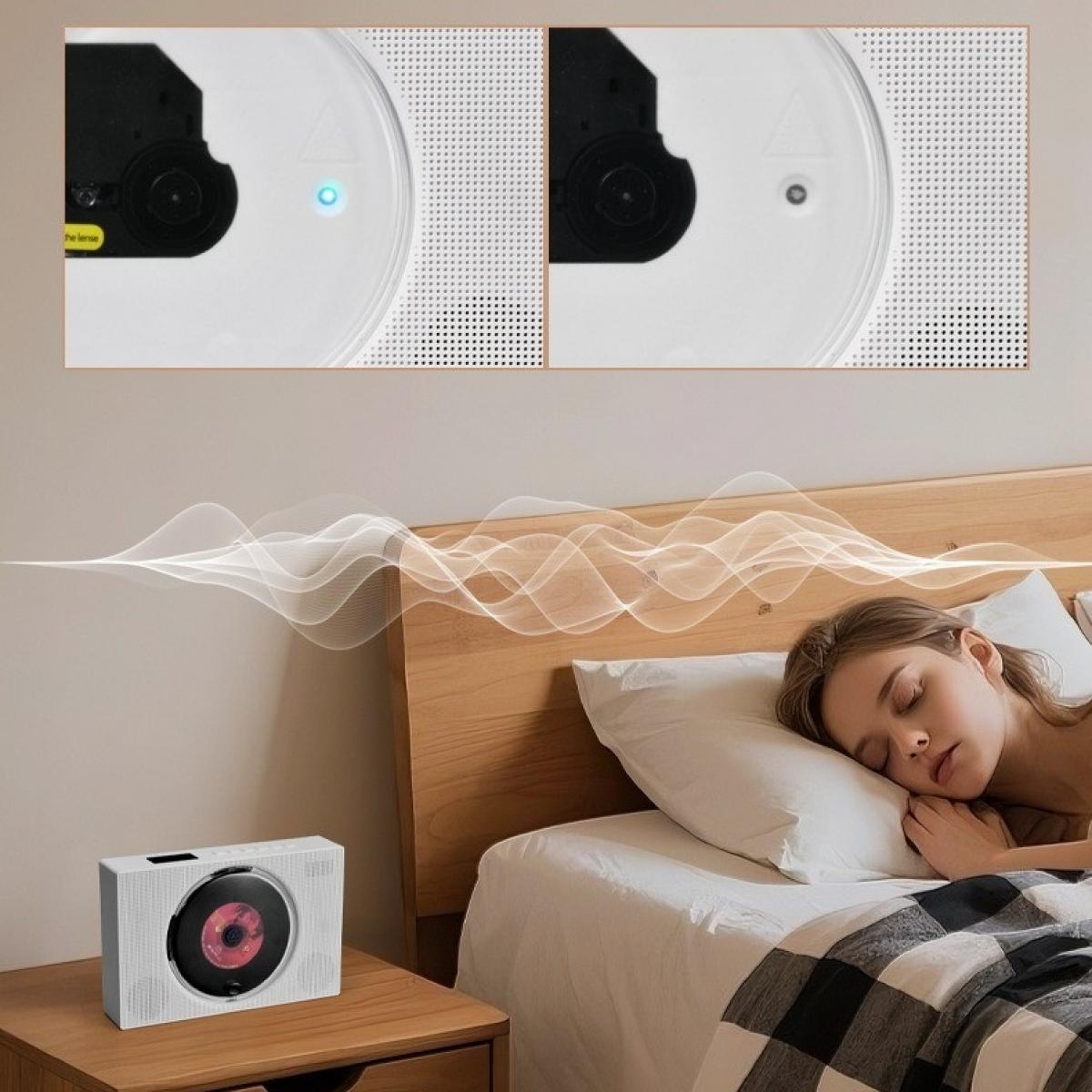 Eine Frau schläft im Bett. Auf dem Nachttisch steht ein CD-Player. Schallwellen gehen vom Player auf die schlafende Frau zu.