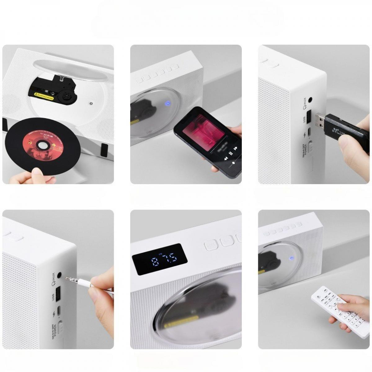 Ein weißer Musik-Player mit CD-Player und kleinem schwarzem Display. Zeigt eine Hand, die eine Schallplatte und ein Telefon hält.