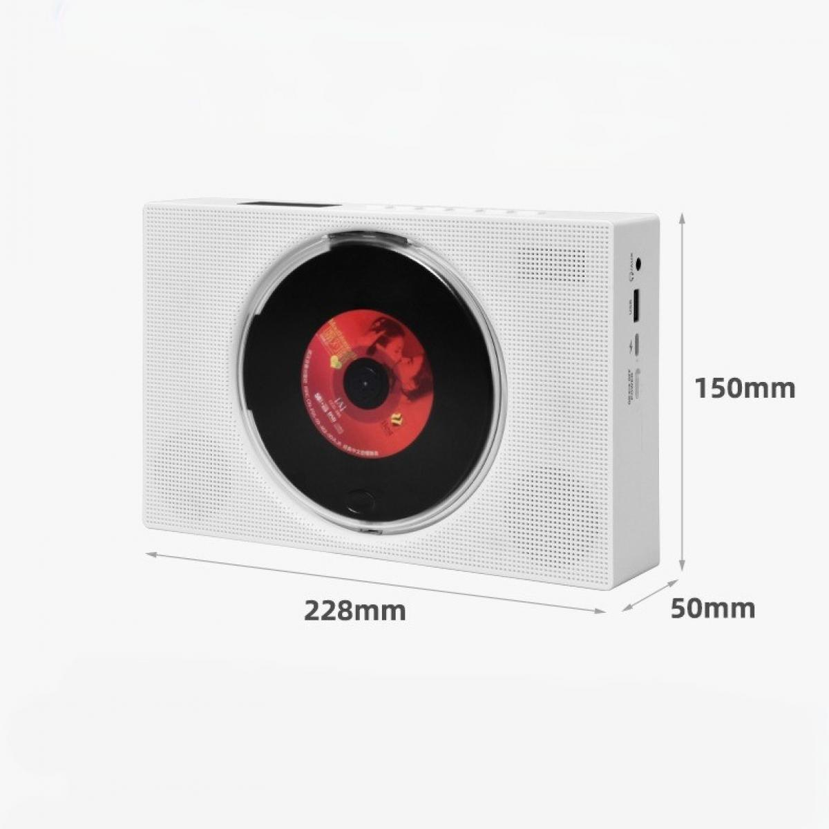 Ein weißes, rechteckiges Audiogerät mit CD-Player. Abmessungen: 228 mm x 150 mm x 50 mm. Eine CD ist eingelegt. Schwarzer Lautsprecher mit Löchern.