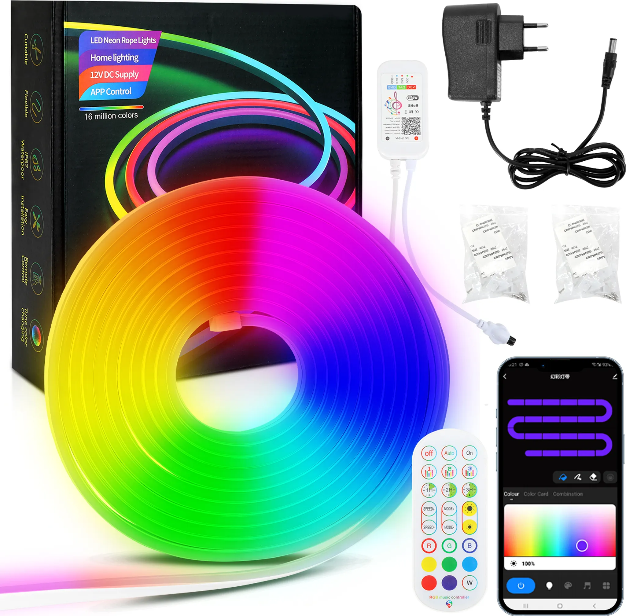 Ein mehrfarbiges LED-Seil-Licht wird mit Zubehör gezeigt: Fernbedienung, Controller, Netzteil und Telefonbildschirm mit Farbsteuerungen.