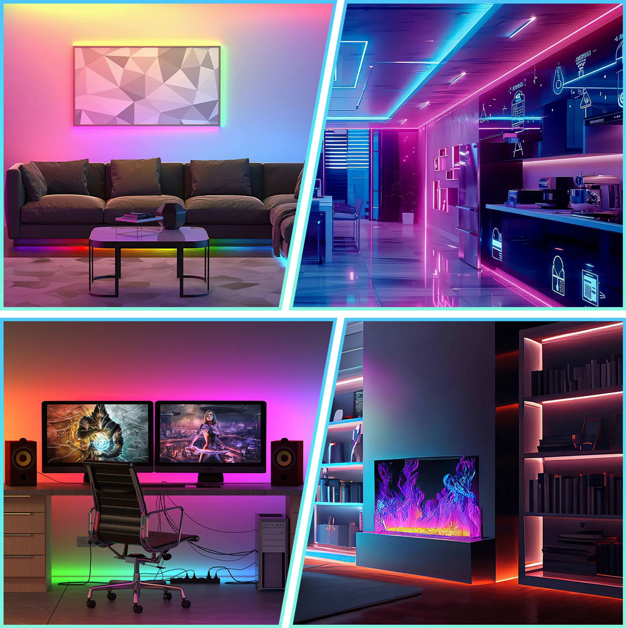 Das Bild zeigt vier Räume mit lebendiger LED-Beleuchtung. Jeder Raum hat unterschiedliche Möbel, darunter ein Sofa, eine Küche und ein Gaming-Setup.