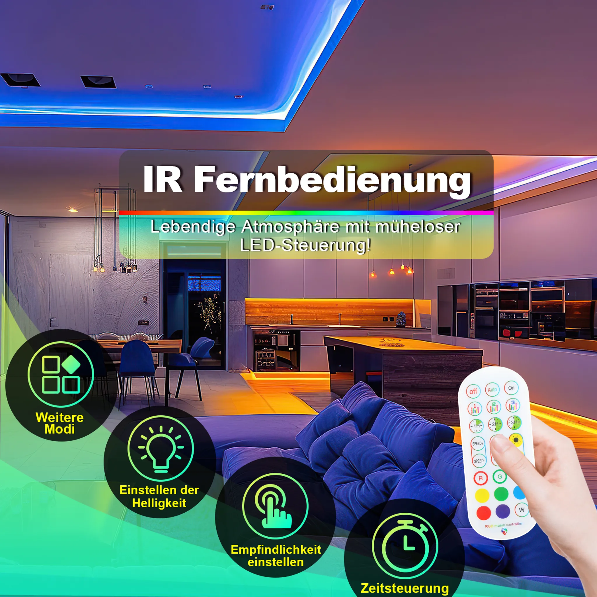 Innenaufnahme zeigt eine Fernbedienung in der Hand, mit Symbolen für verschiedene LED-Steuerungsfunktionen.