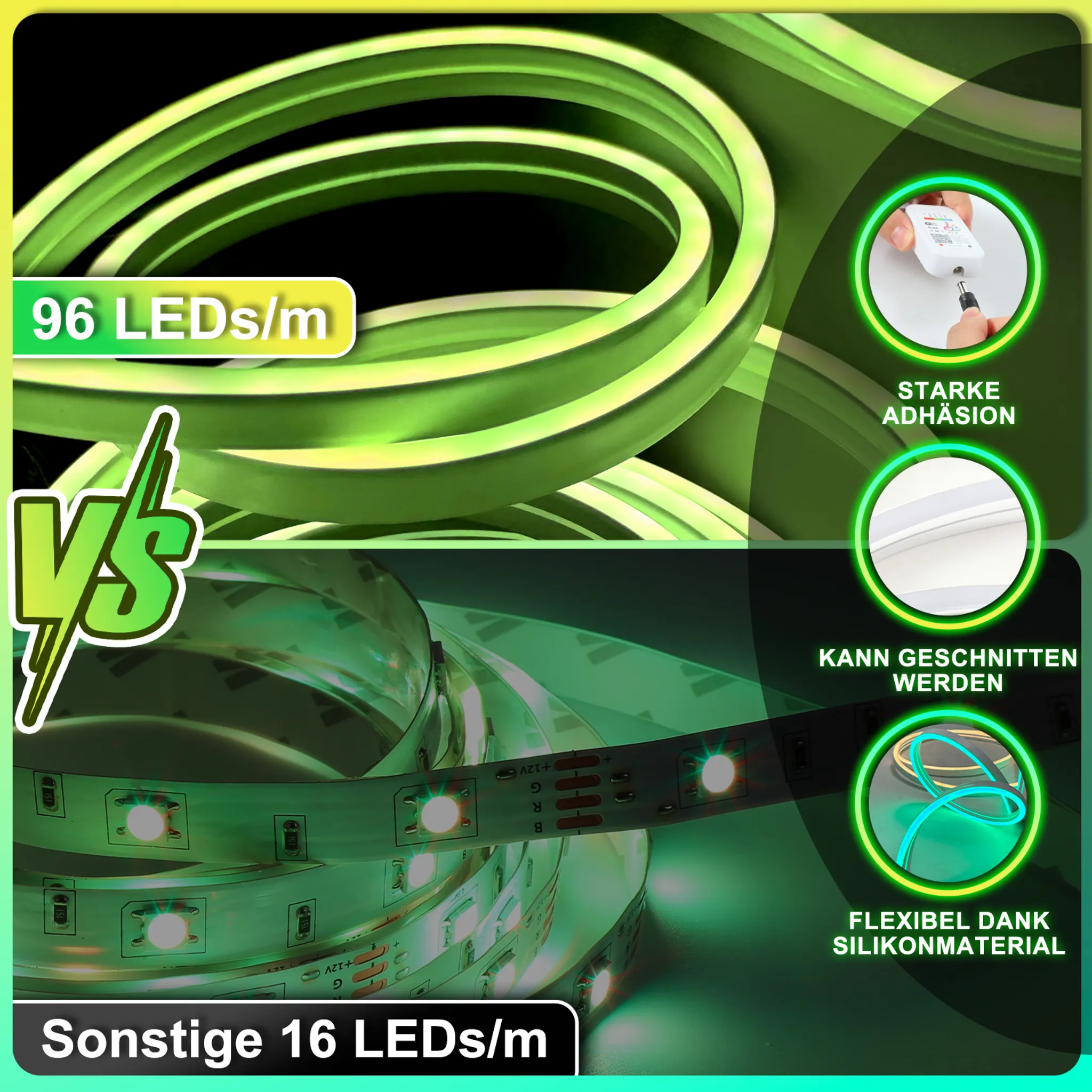 Das Bild zeigt grüne LED-Streifen. Einer mit 96 LEDs/m und einer mit 16 LEDs/m. Eigenschaften: starker Halt, zuschneidbar und flexibel.