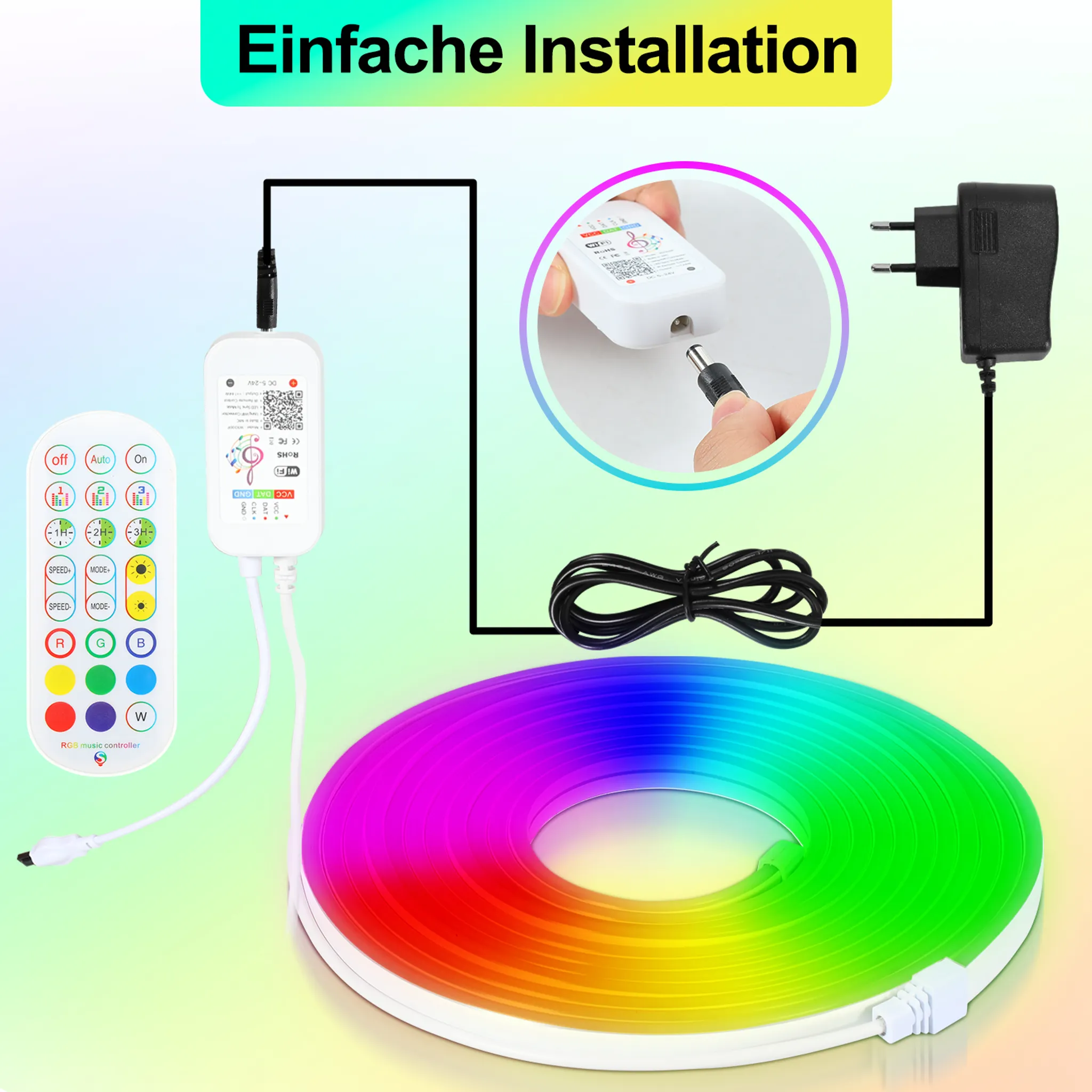 Eine Neonlichtinstallation mit Komponenten: Controller, Netzteil, Fernbedienung und ein farbenfroher Lichtstreifen. Beschriftung auf dem Licht.