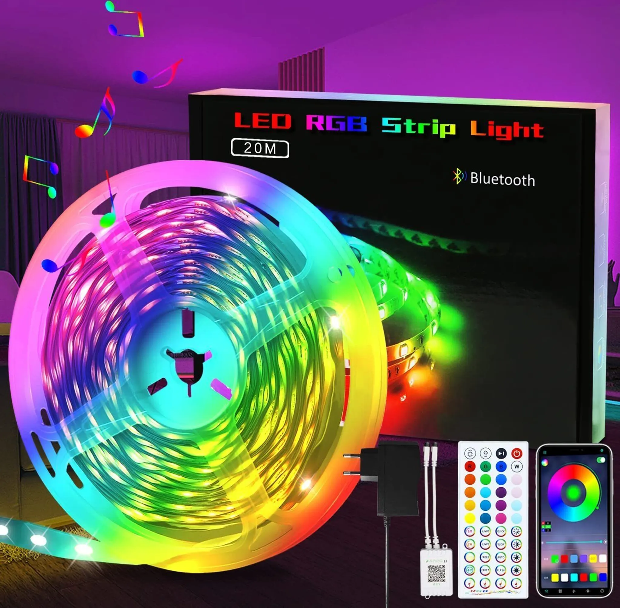 LED-RGB-Streifenlicht auf einer Rolle, Kasten dahinter, mit Steuergeräten und Telefonanzeige. Bunte Lichter und Noten.