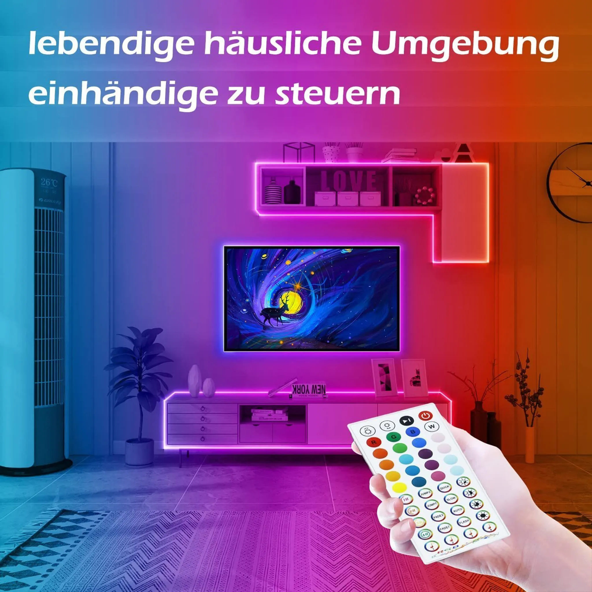 Wohnzimmer mit Farbwechsel-Lichtern, Fernseher und Hand mit Fernbedienung.