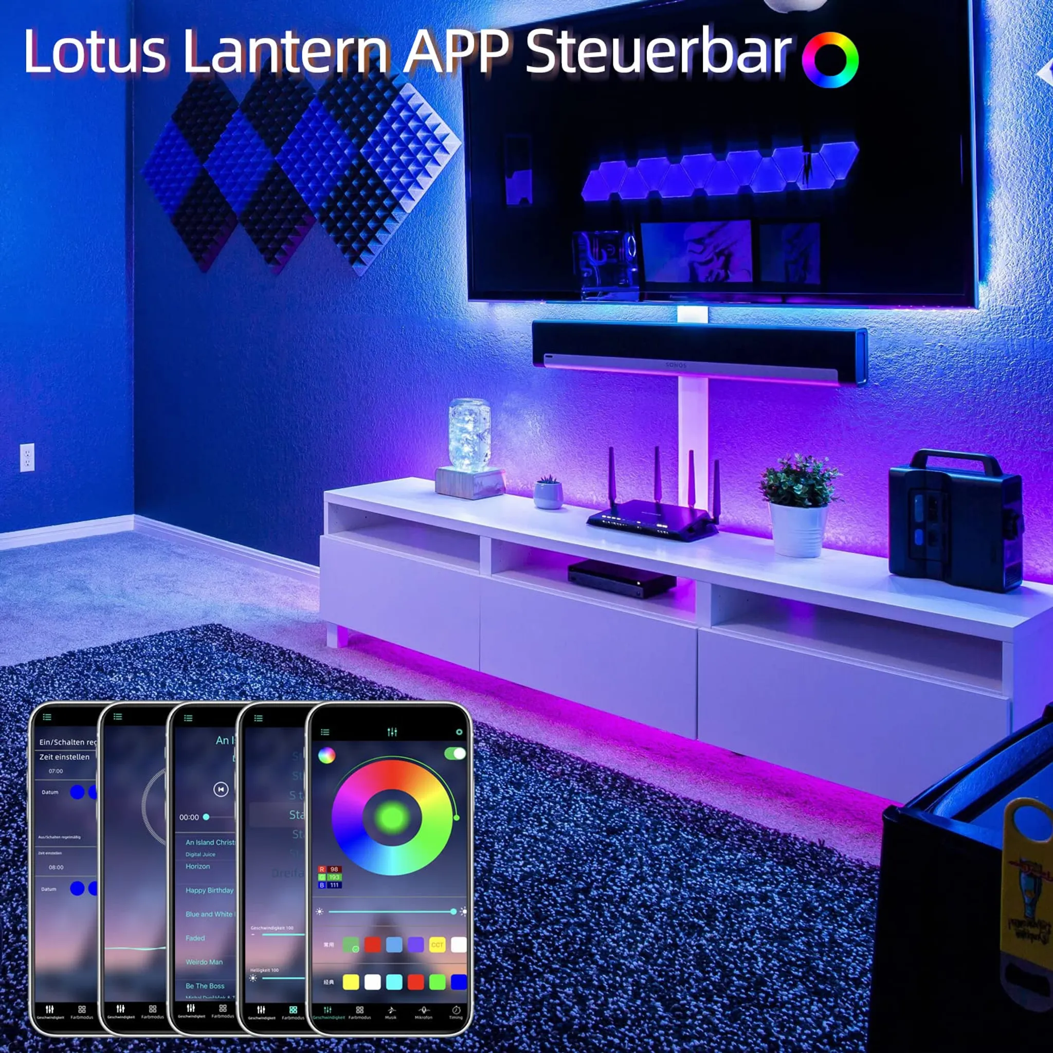 Wohnzimmer mit Smart-Beleuchtung. Fernseher auf weißem Schrank, Teppich und Smartphone mit App-Oberfläche zur Farbsteuerung.