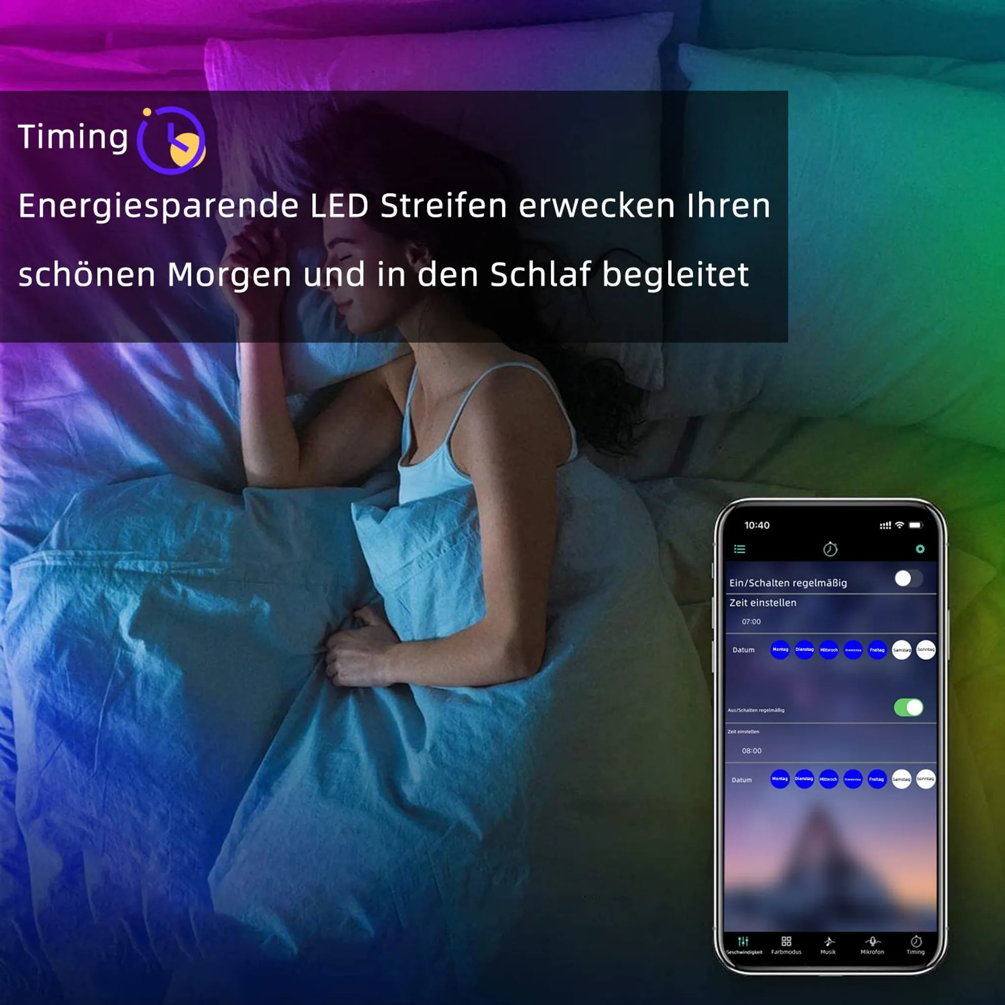Eine Person im Bett, mit einem Telefon, das eine App zur Steuerung von LED-Streifen anzeigt. Die Szene ist schwach beleuchtet.