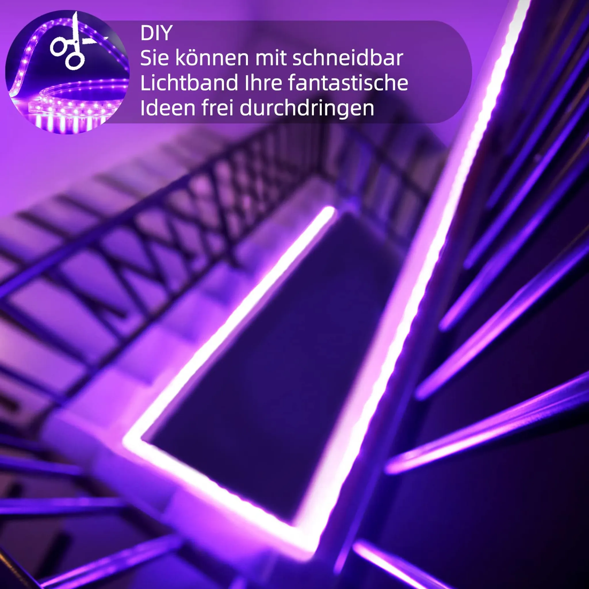 Lila LED-Streifen beleuchten eine Treppe. Eine DIY-Grafik mit Schere befindet sich in der Ecke. Die Treppe ist im Hintergrund.