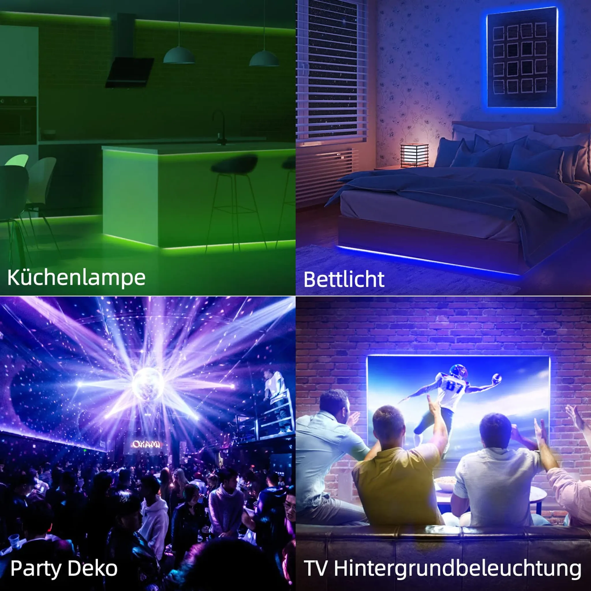 Das Bild zeigt vier Szenen: Küche mit grünen Lichtern, Schlafzimmer mit blauen Lichtern, eine Party mit Discolichtern und Leute, die fernsehen.