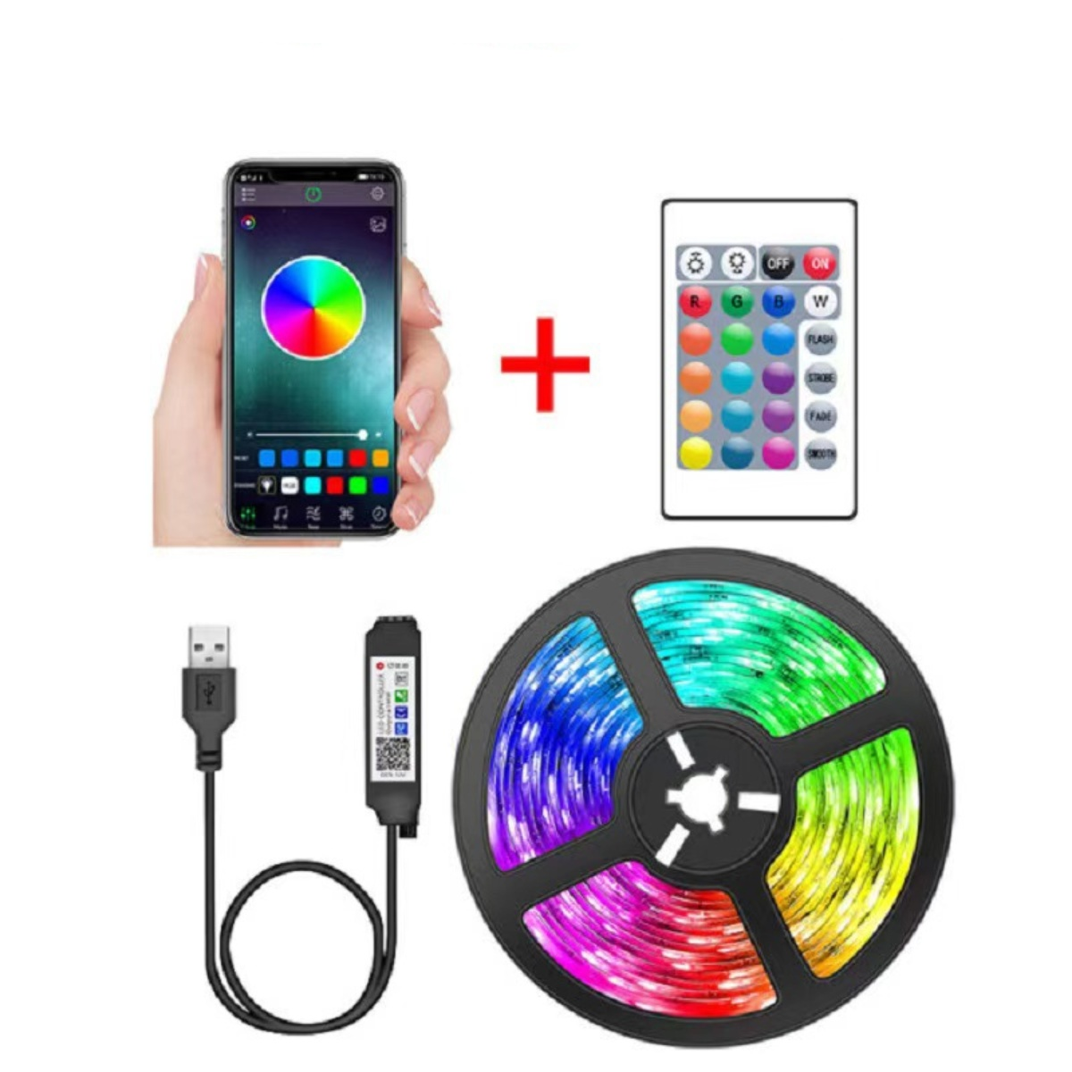 Eine Hand, die ein Telefon mit einem Farbrad, einer Fernbedienung, einem LED-Streifen und einem USB-Kabel sowie einem Plus-Symbol hält.