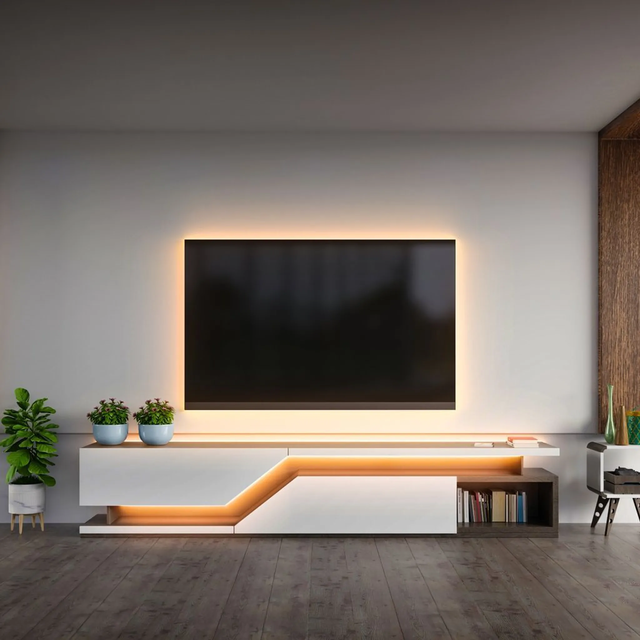 Wohnzimmer mit Fernseher auf einem weiß-braunen Schrank. Pflanzen, Bücher und Holzböden sind sichtbar.