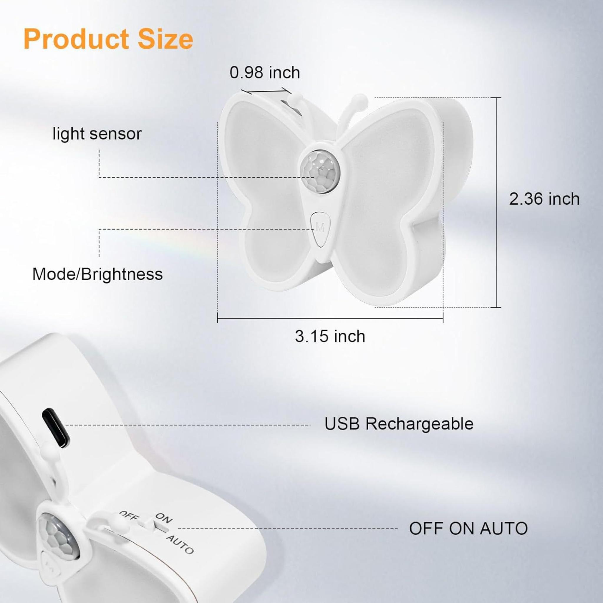 Ein weißes, schmetterlingsförmiges Licht mit Maßangaben. Es hat einen Lichtsensor, Helligkeitsregler und einen Aus/Ein/Auto-Schalter.