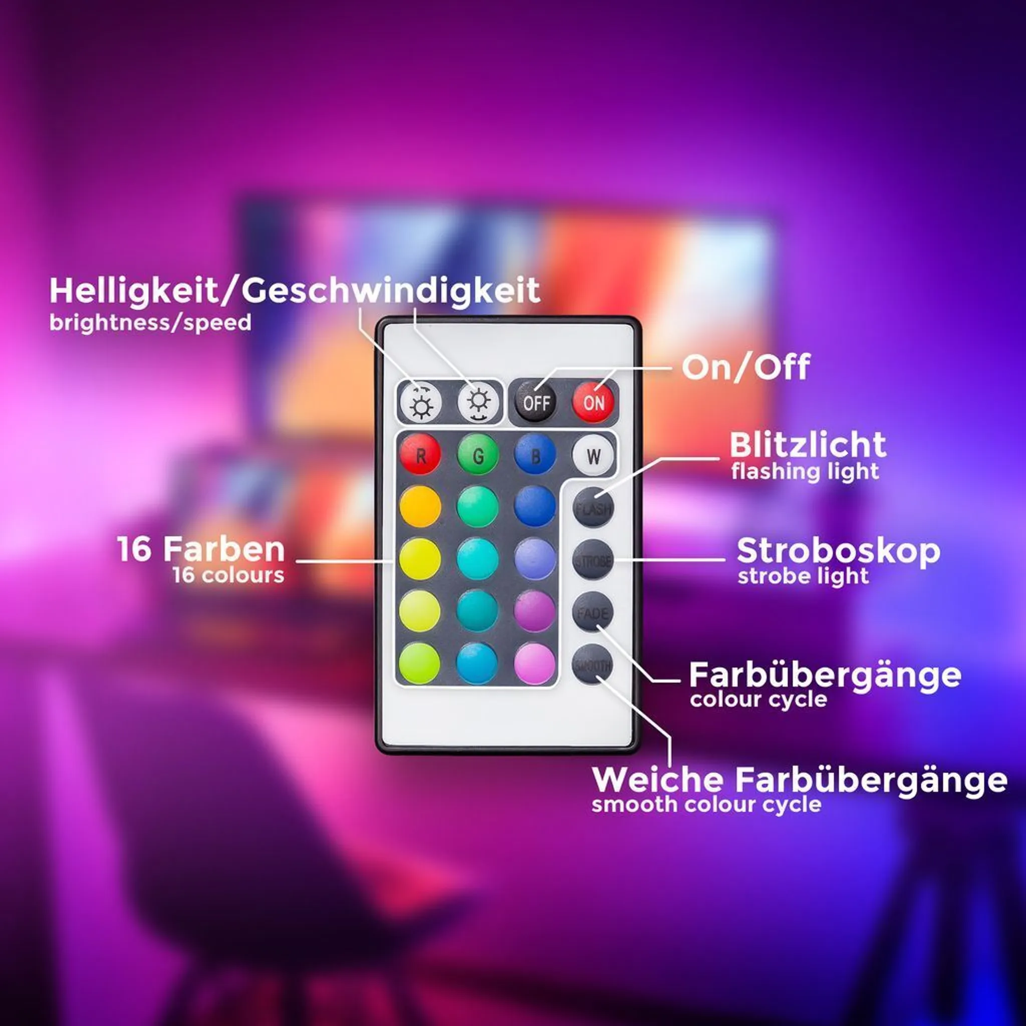 Fernbedienung mit verschiedenen Tasten für Farb- und Lichteinstellungen vor einem violetten Hintergrund.