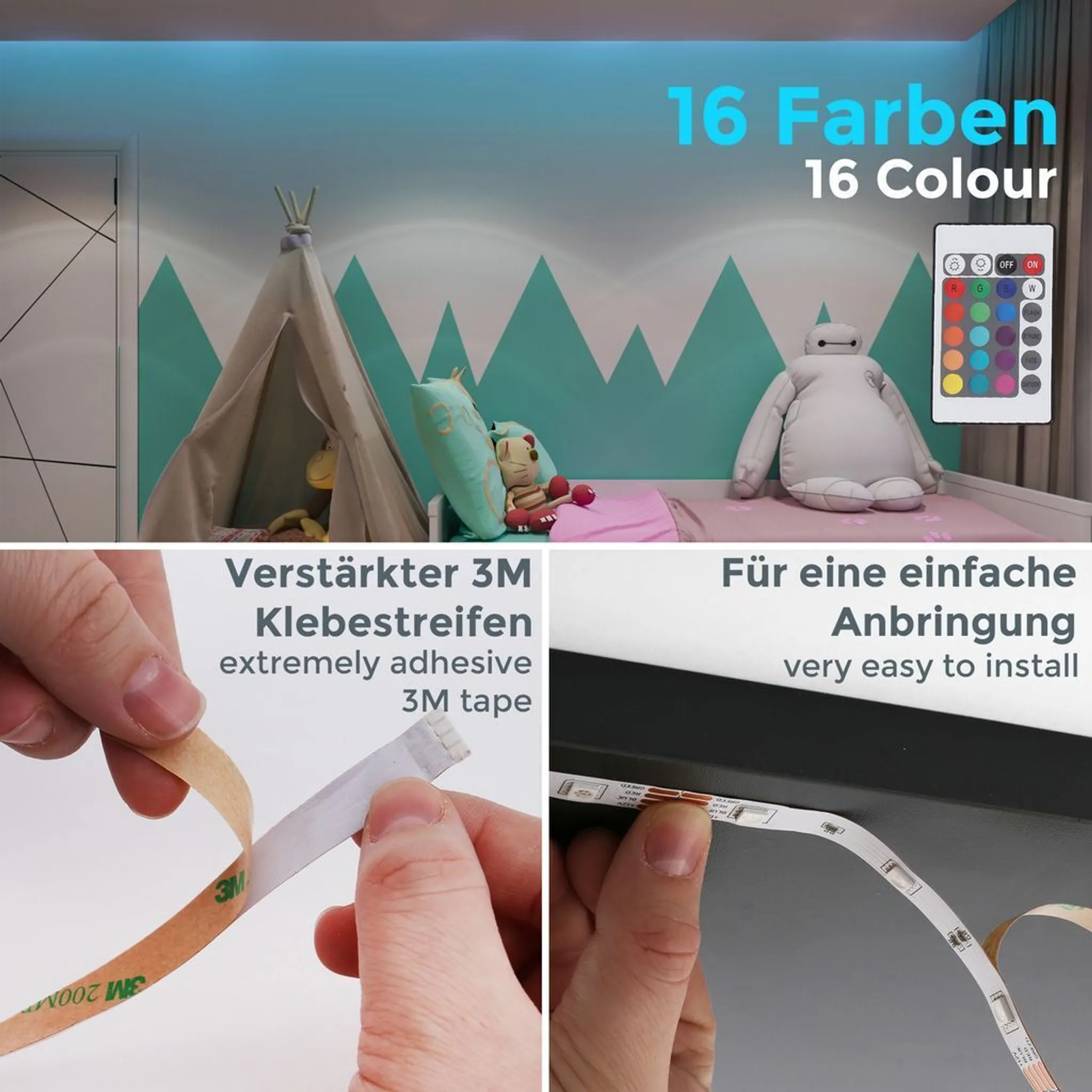 Ein Zimmer mit Bett, Spielzeug und Fernbedienung. Text sagt '16 Farben' und '3M Klebeband'. Hände zeigen das Abziehen des Klebebands.