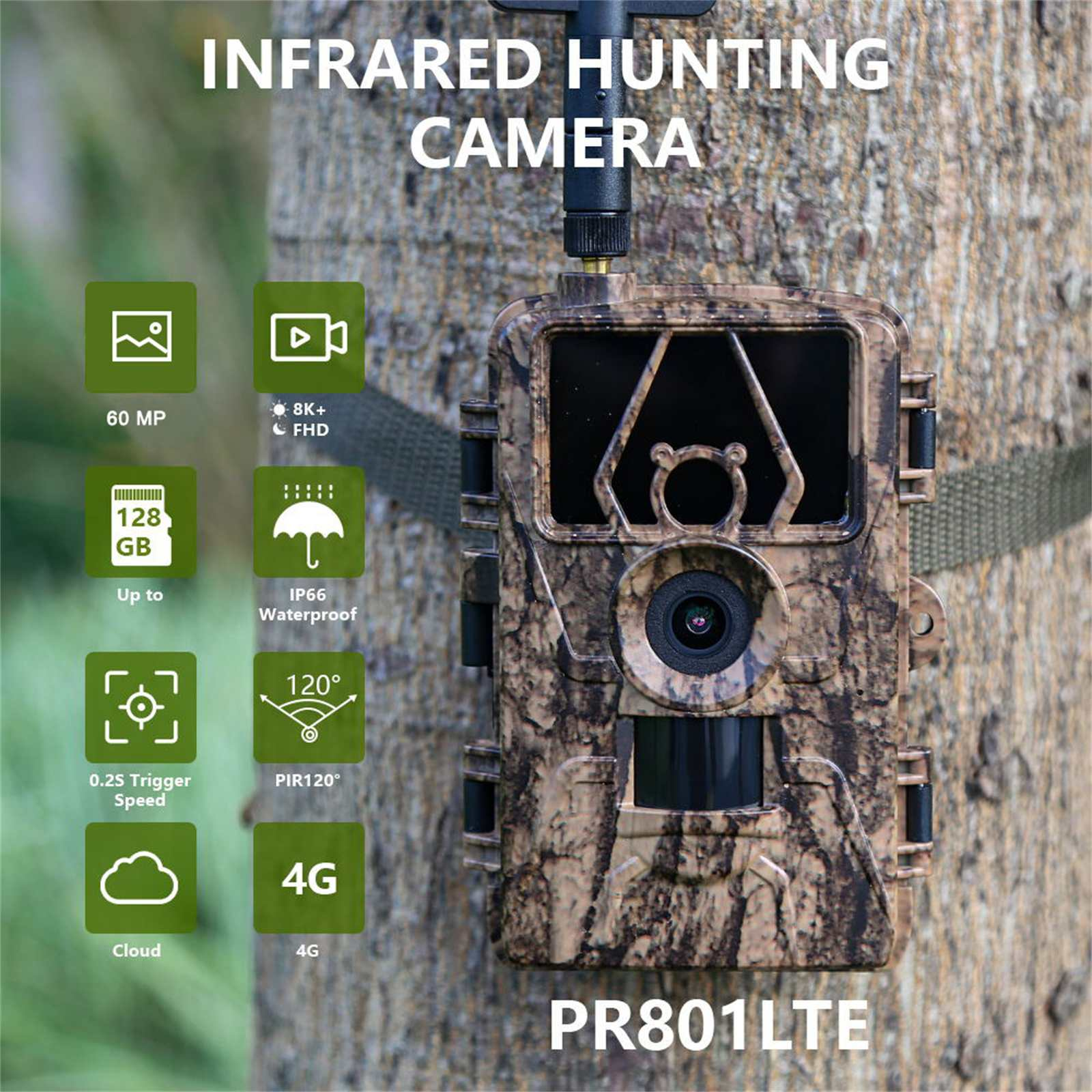 Infrarot-Wildkamera mit Camouflage-Design, an einem Baum befestigt. Merkmale: 60MP, 8K, wasserdicht, 4G. Text: PR801LTE.