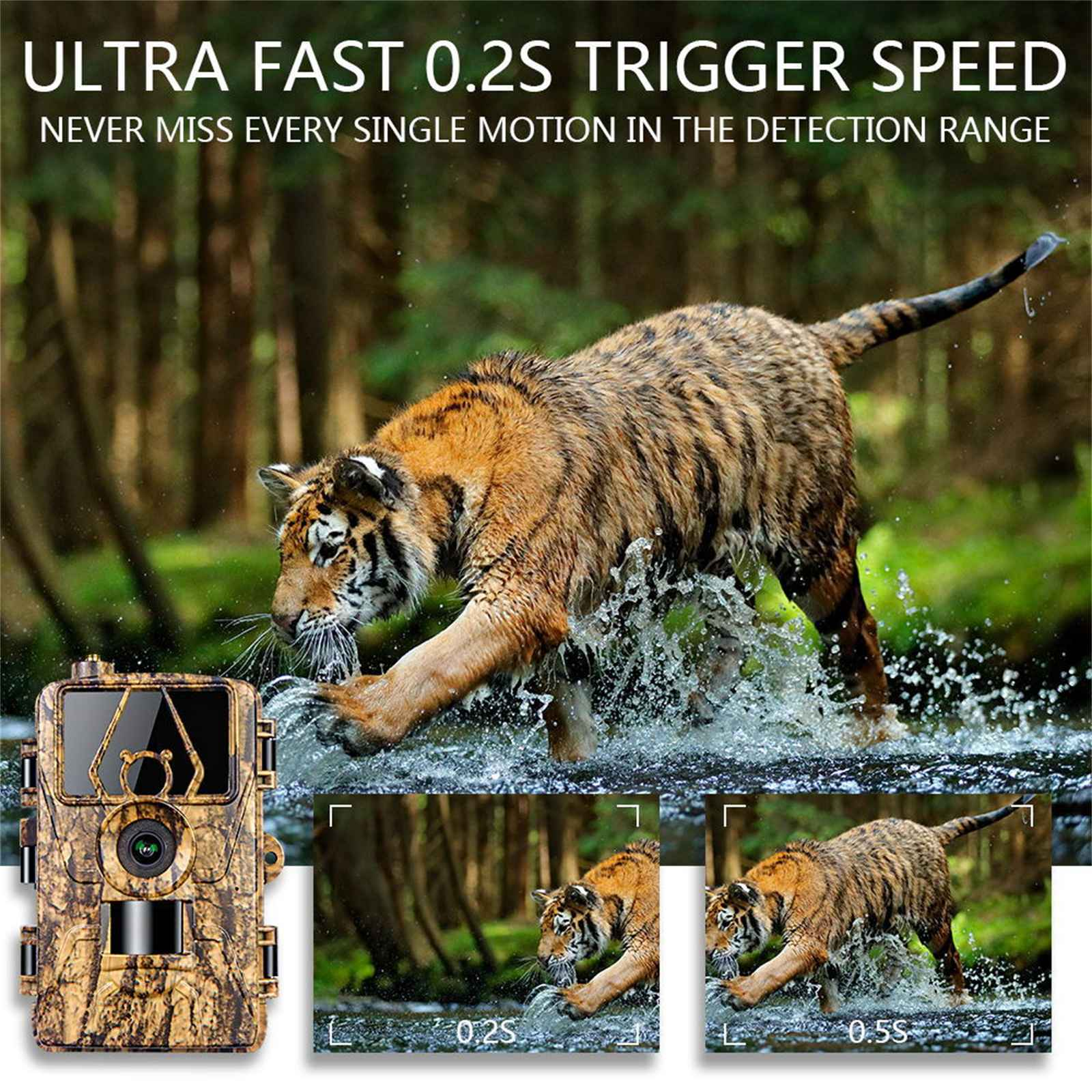 Ein Tiger geht durch Wasser. Links ist eine Wildkamera. Oben steht: 'Ultra Fast 0,2S Trigger Speed'.