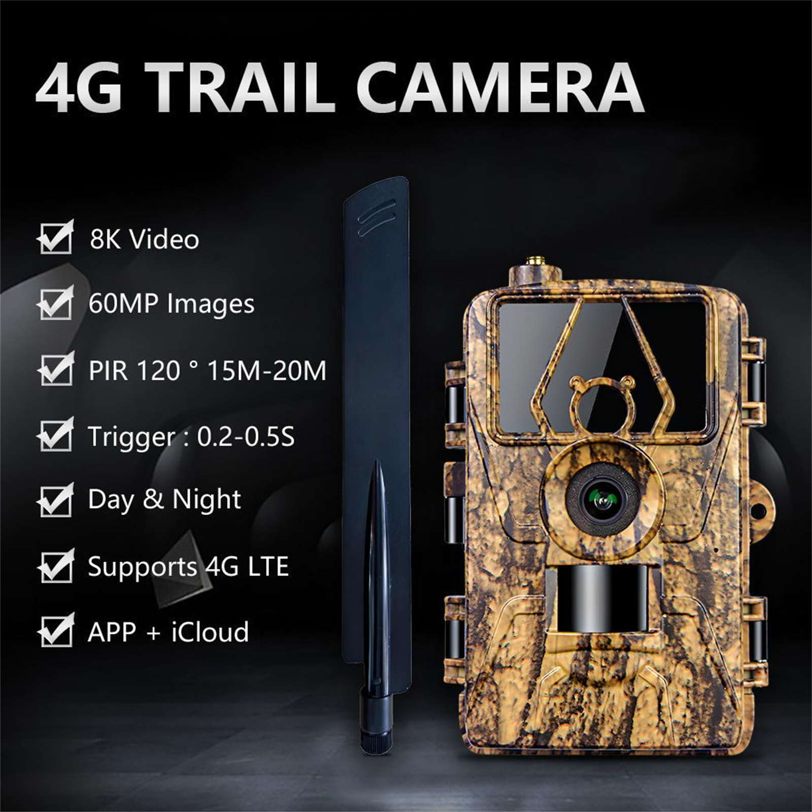 Eine Wildkamera mit 4G LTE, 8K-Video und 60MP-Bildern. Die Kamera ist getarnt mit einer schwarzen Antenne.