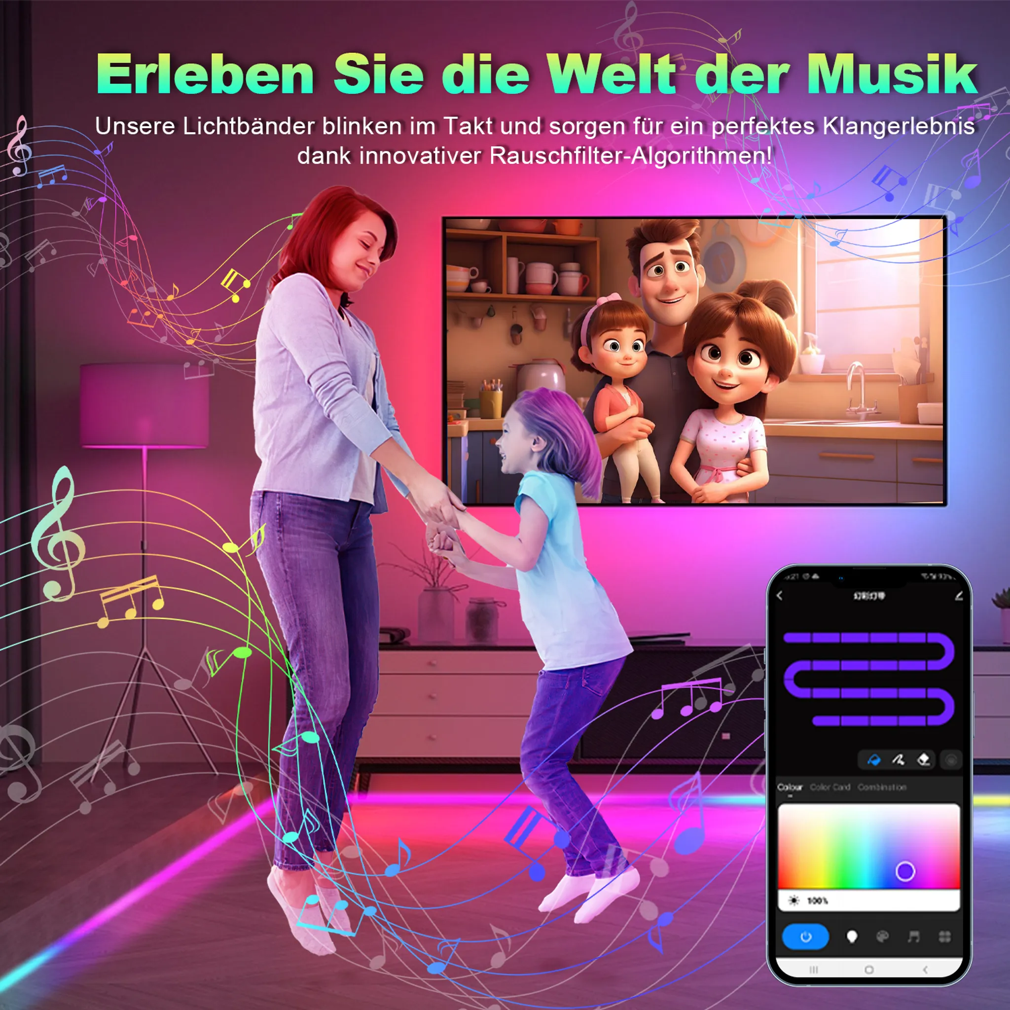 Eine Frau und ein Kind halten sich an den Händen und springen. Ein Fernseher zeigt eine animierte Familie. Ein Smartphone zeigt Farbsteuerungen.
