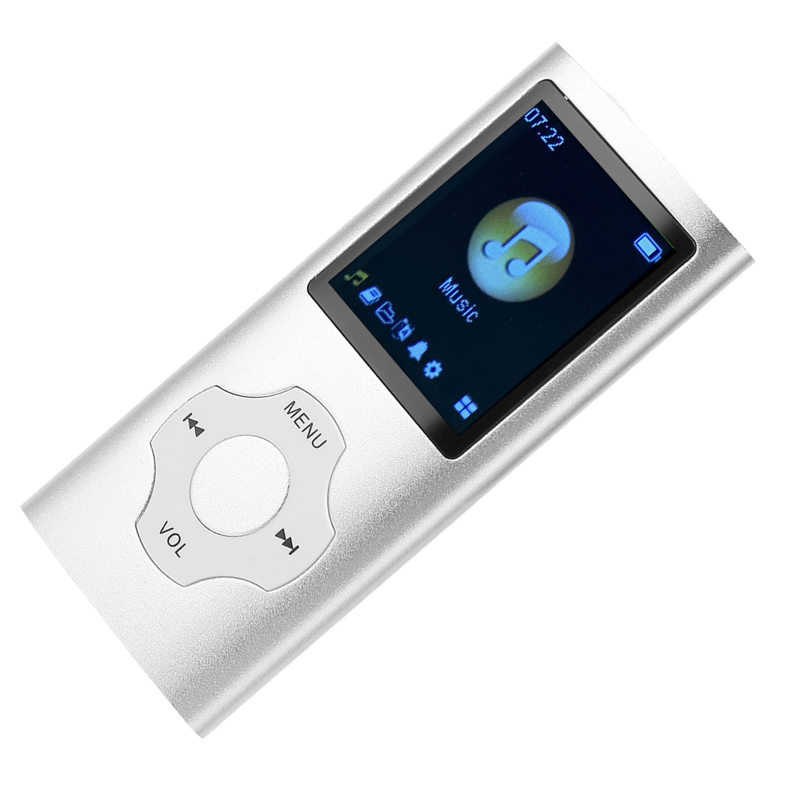 Silberner MP3-Player mit Musikschnittstelle auf dem Bildschirm. Er hat Tasten für Menü, Lautstärke und Navigation.