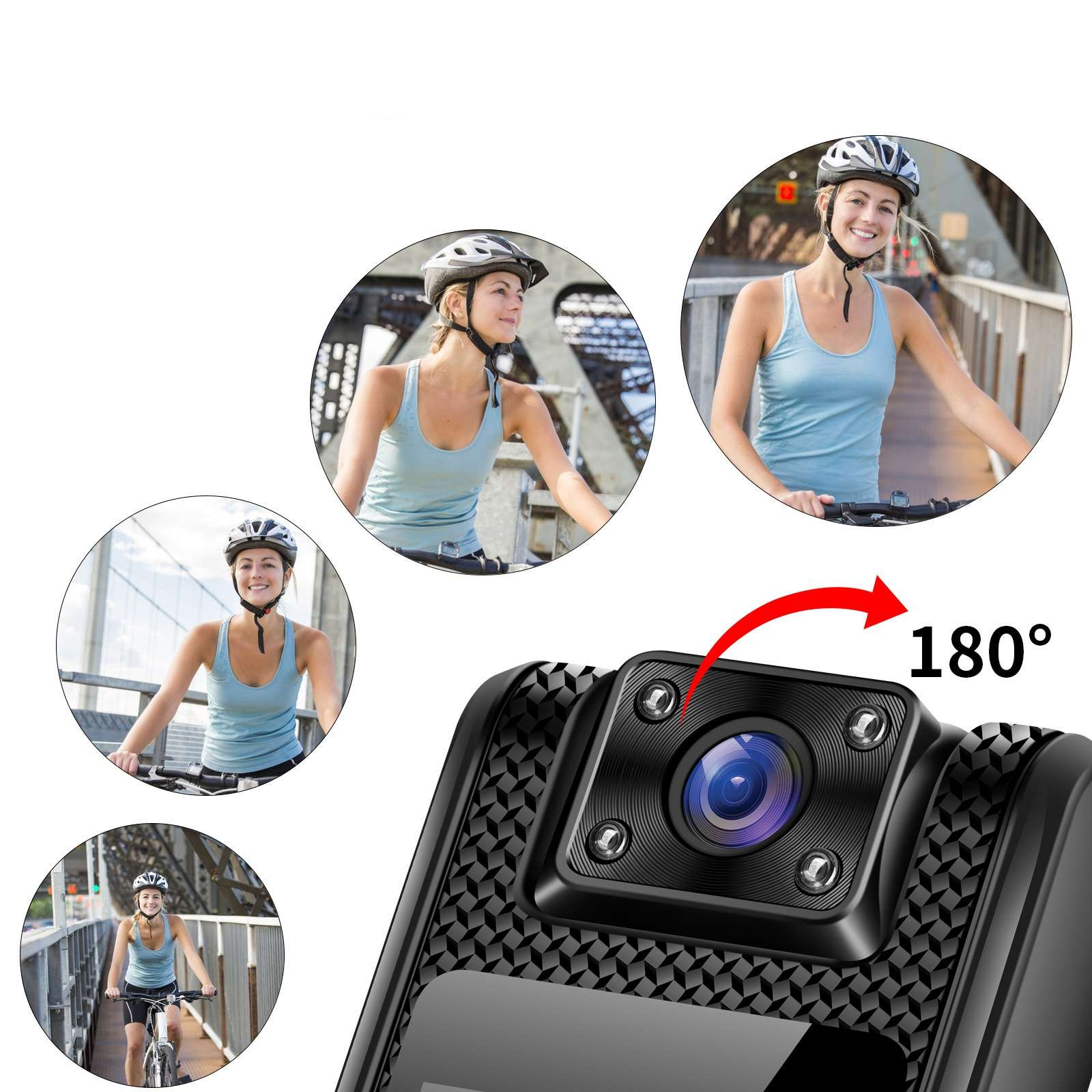 Eine Kamera zeigt eine 180-Grad-Ansicht mit Radfahrern, die Helme in Kreisen tragen. Die Kamera ist schwarz und hat ein Objektiv.