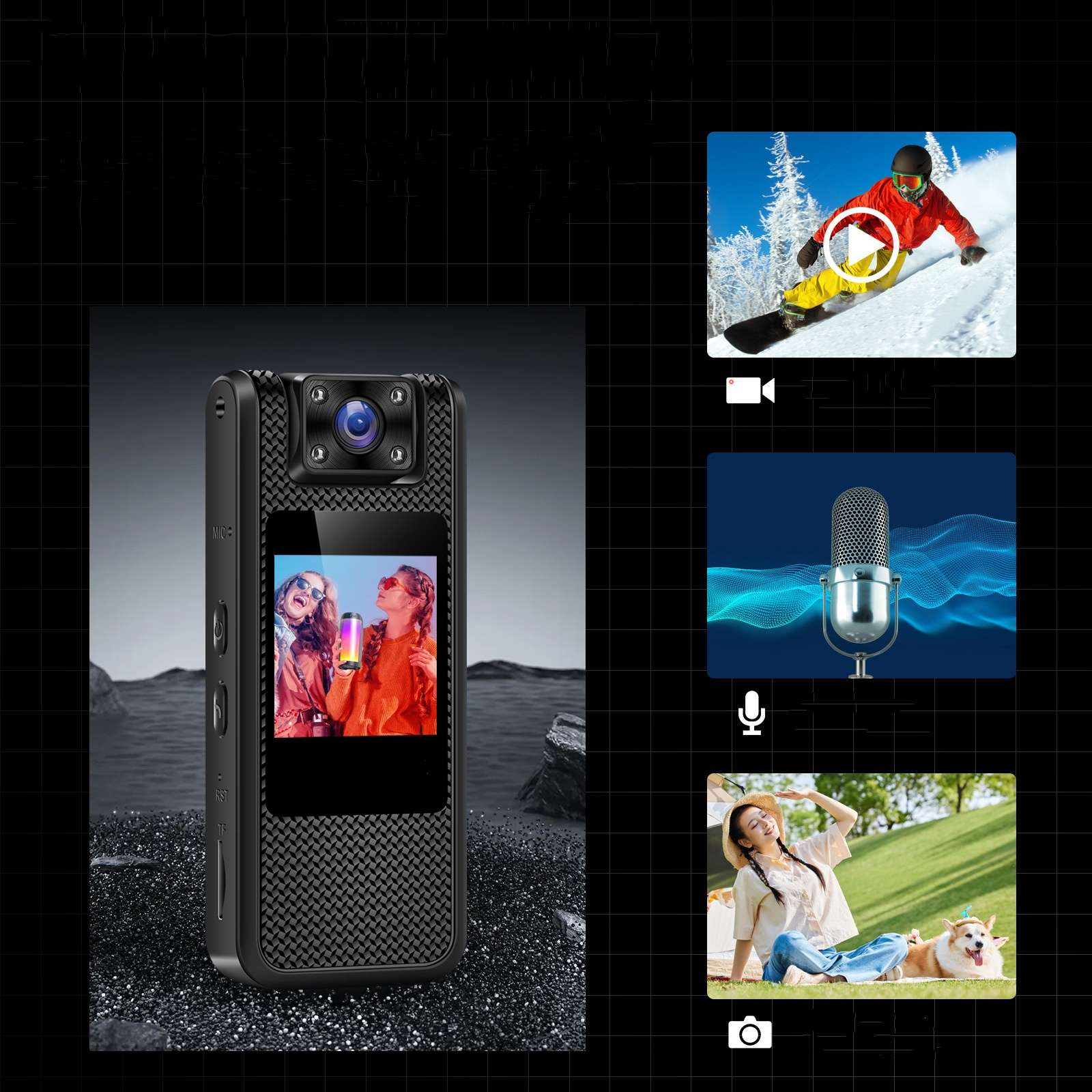 Schwarze Action-Kamera mit Bildschirm, der zwei Frauen zeigt. Symbole für Video, Mikrofon und Foto. Snowboarder und Frau mit Hund.